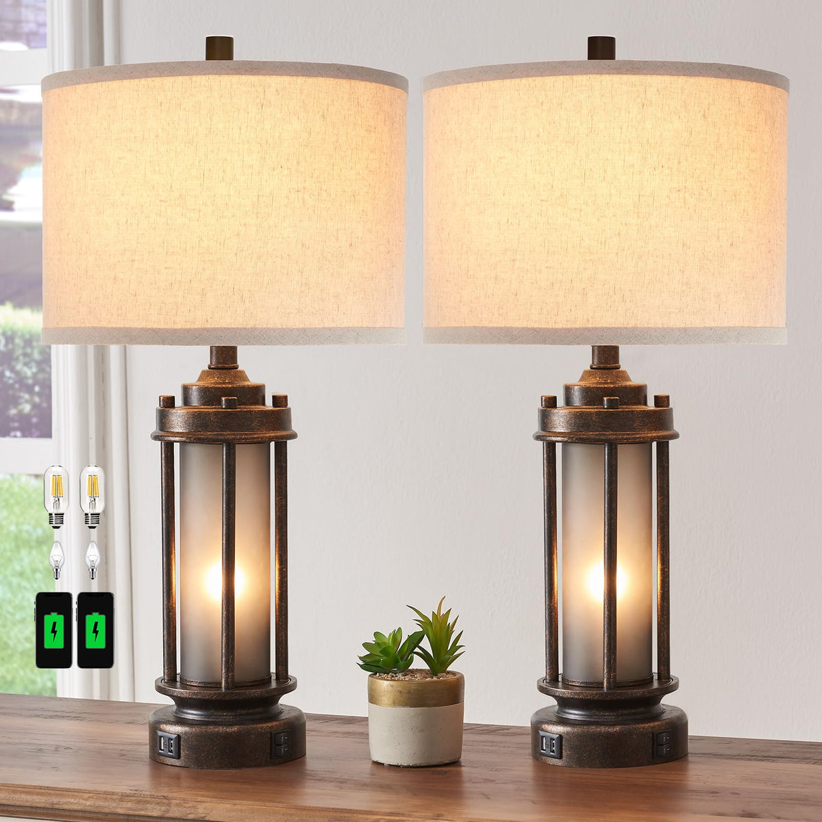 AIEAMPDO farmhouse lamp set bronze with dual lamps for warm living spaces.