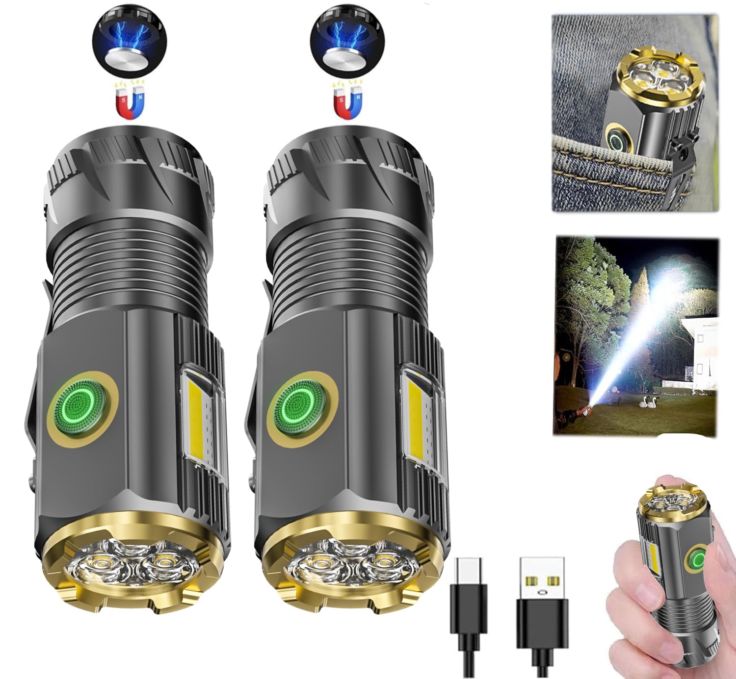 AIERSEN rechargeable mini LED flashlight with clip and magnet for hands-free lighting on camping trips
