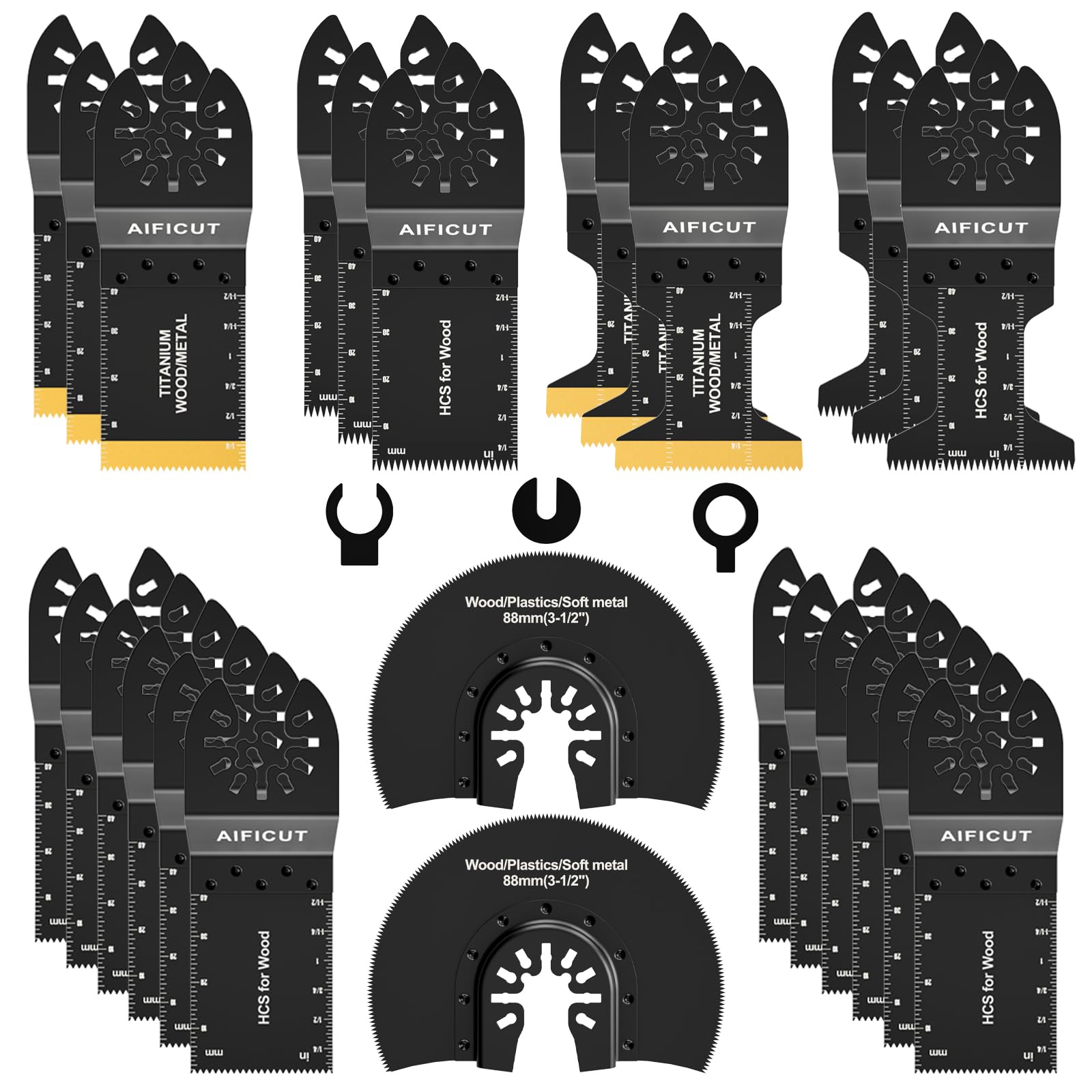 AIFICUT 26pcs oscillating blades for wood, metal, and plastic cutting versatility.