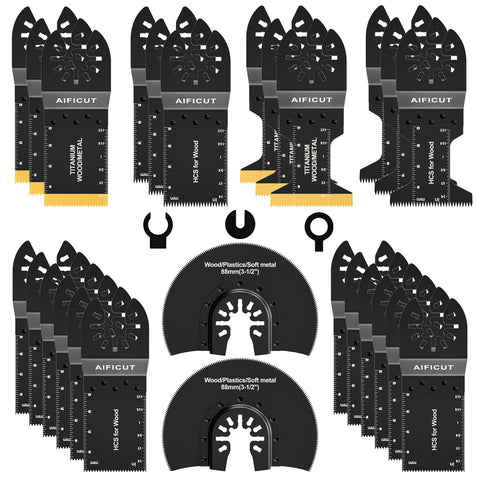 AIFICUT 26pcs oscillating blades for wood, metal, and plastic cutting versatility.