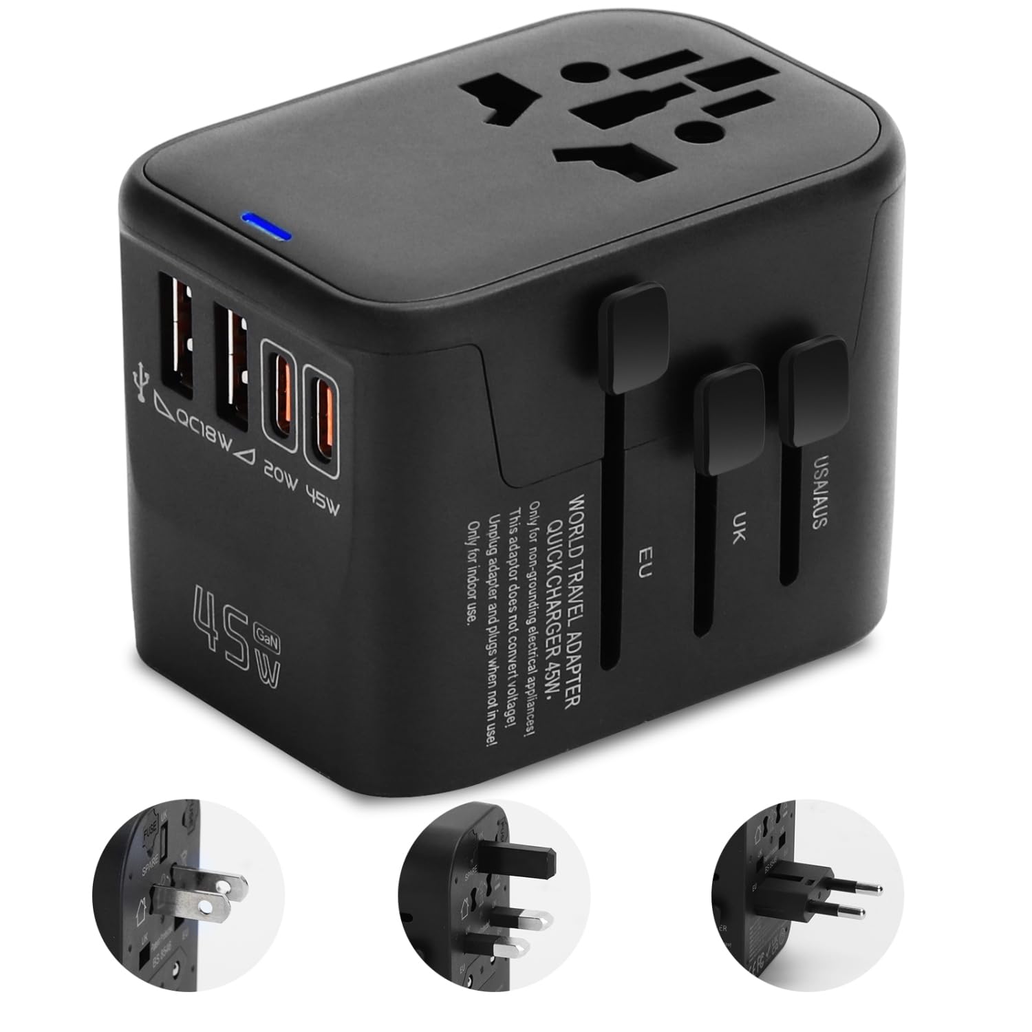 Aigostar 5-in-1 universal travel adapter for worldwide charging independence.