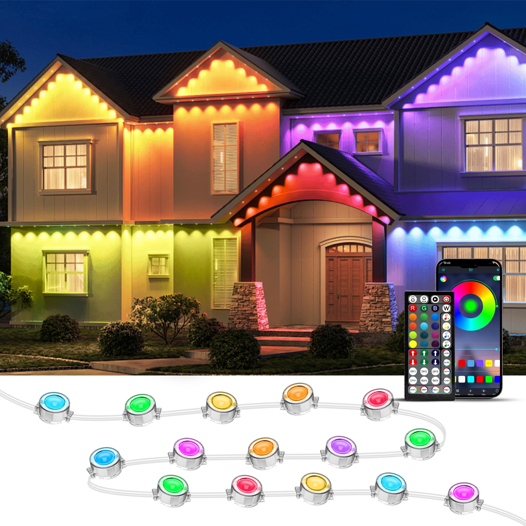aiicrgb 300FT outdoor lights illuminate your home with vibrant RGB color for holidays.
