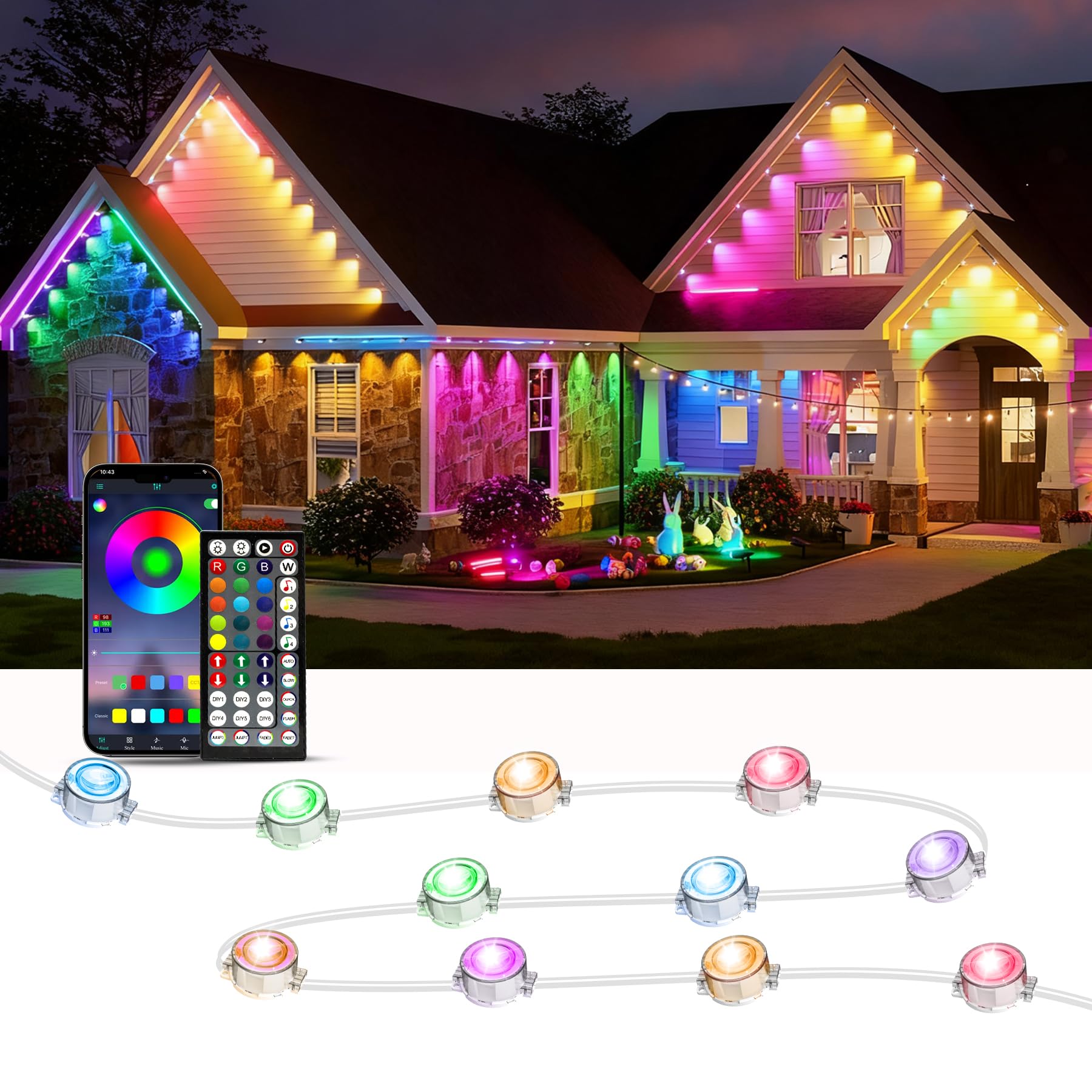 aiicrgb 50ft LED eaves lights create a warm exterior ambiance for celebrations.