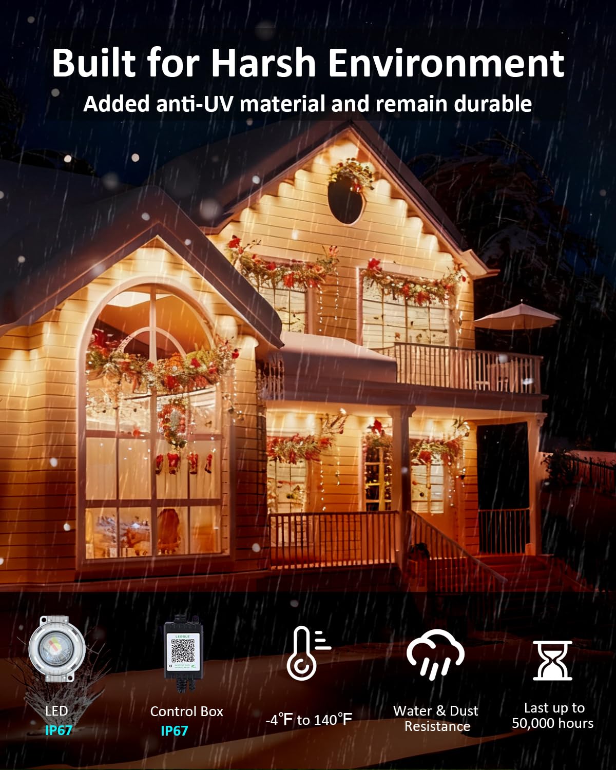 aiicrgb ip67 waterproof design withstands rain and snow while decorating outdoor space.
