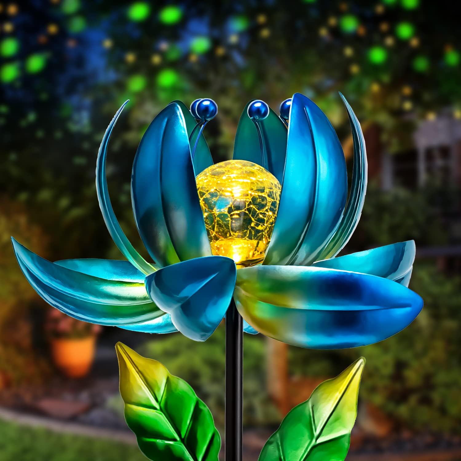 AIINY solar garden lights feature a lotus windmill with vibrant nighttime glow.