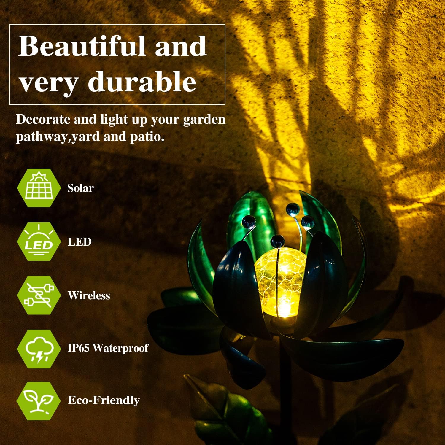 AIINY weatherproof metal stake lights endure rain for year-round charm.