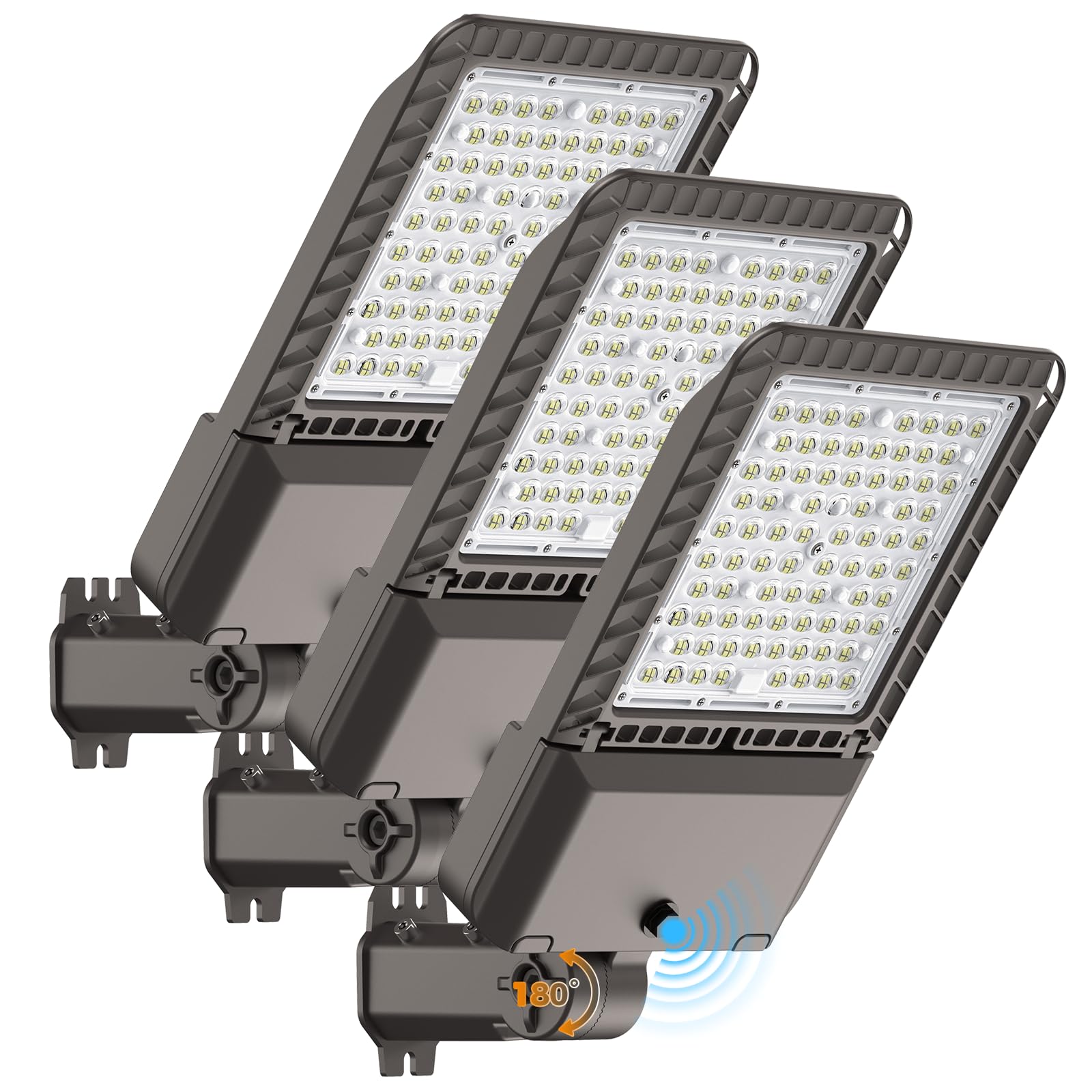 AIKVSXER 240W LED parking lot light at dusk delivers broad illumination.