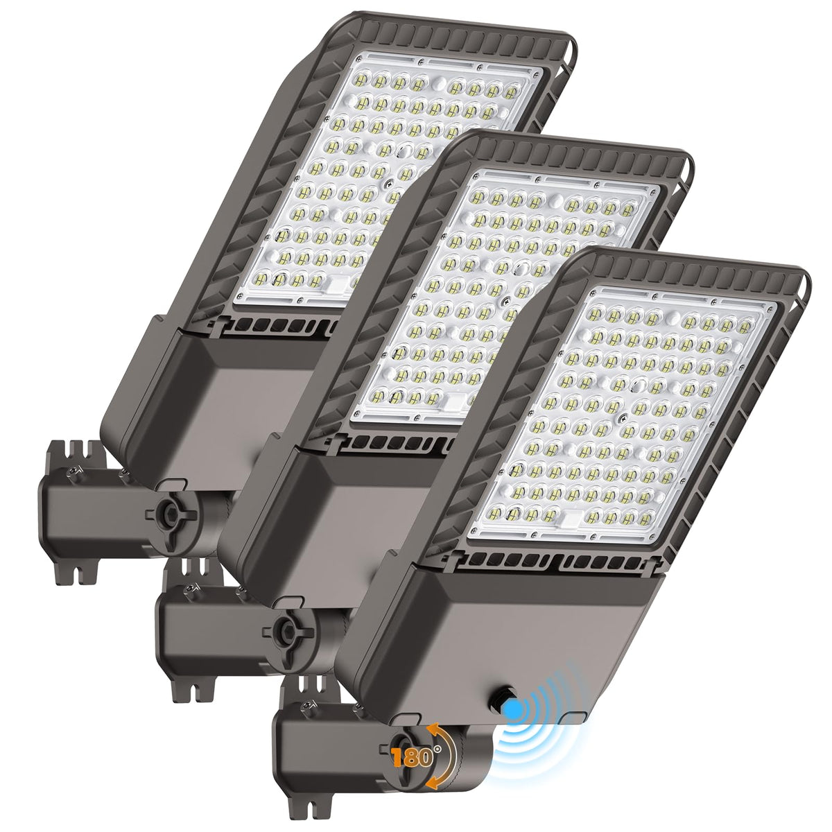 AIKVSXER 240W LED parking lot light at dusk delivers broad illumination.