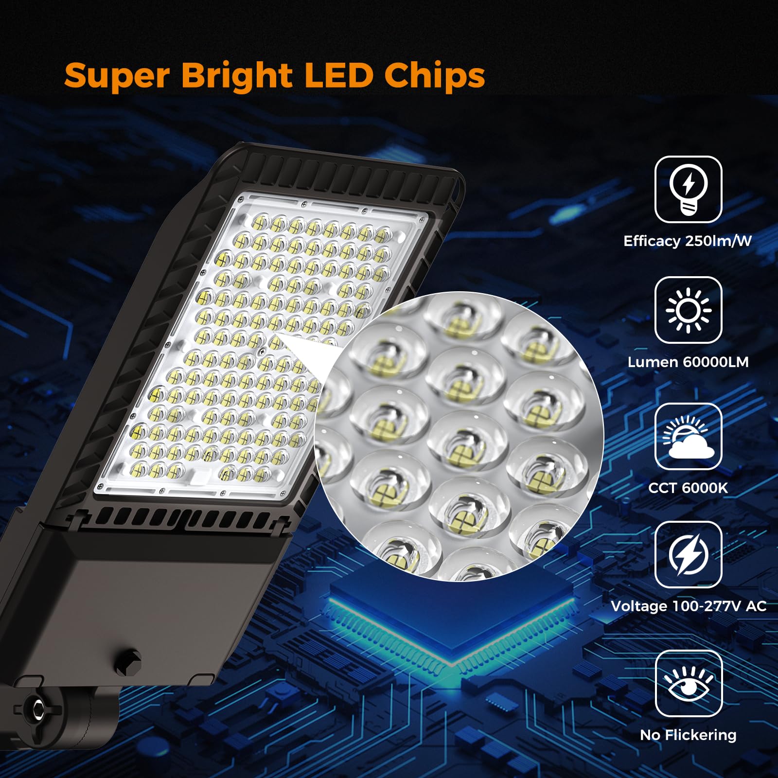 AIKVSXER LED street light with die-cast aluminum housing for durability.