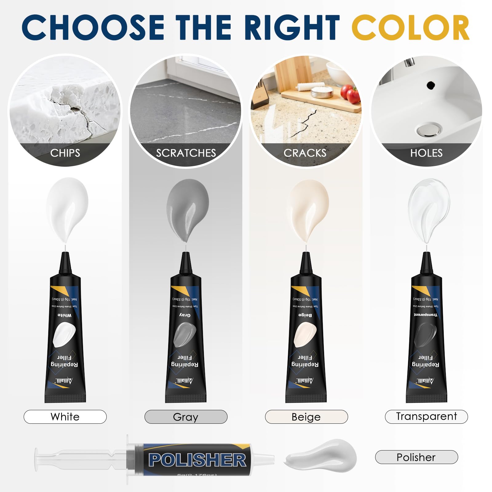 Ailiaili color fillers in white, beige, gray, and clear.