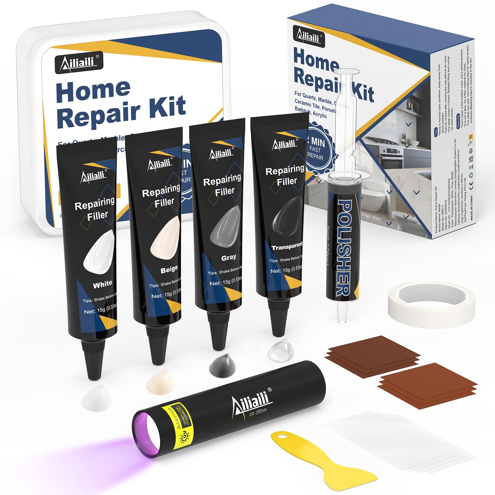 Ailiaili quartz repair kit contents with four color fillers for quick repairs.
