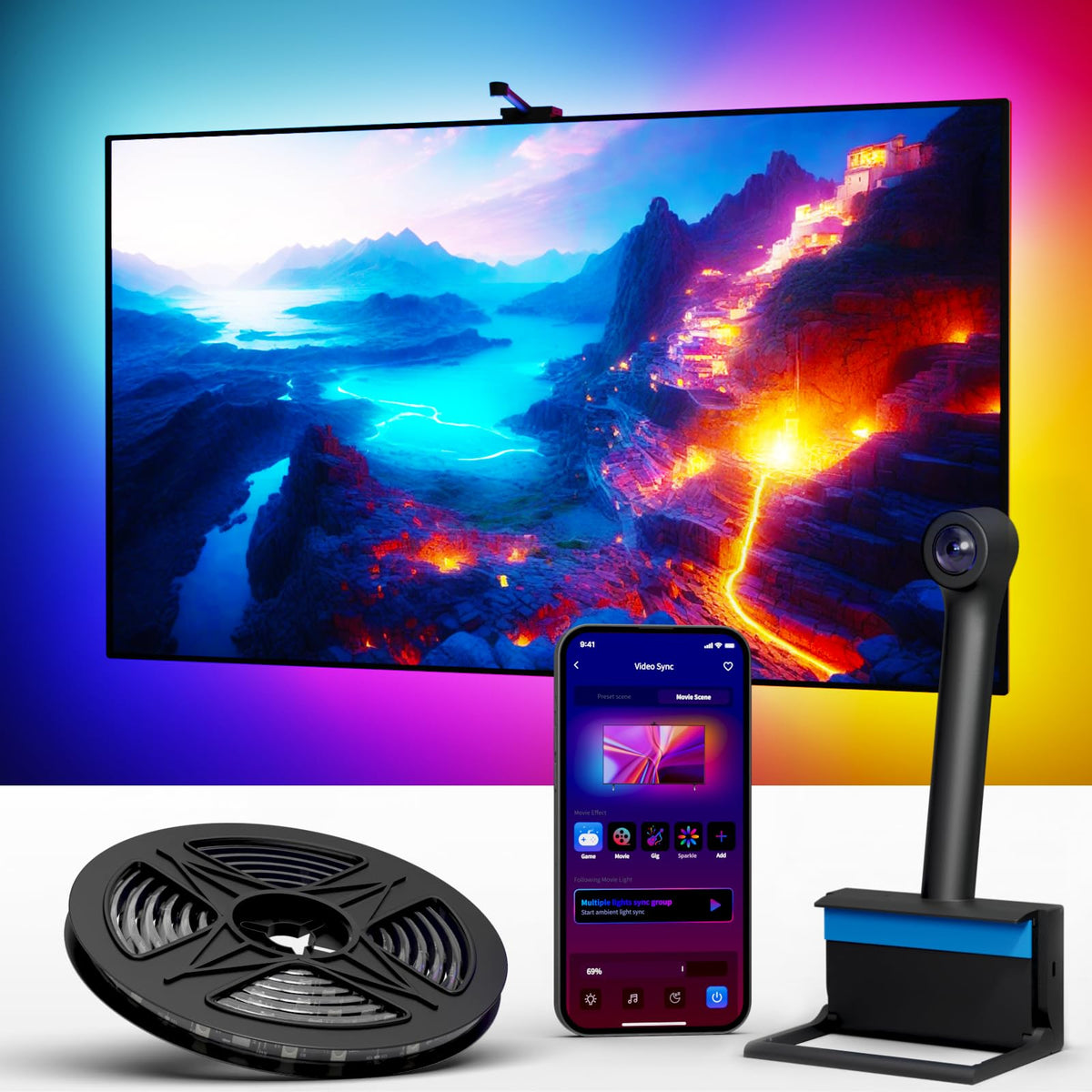 Ailofy camera-centered backlight setup enabling immersive color sync with TV content