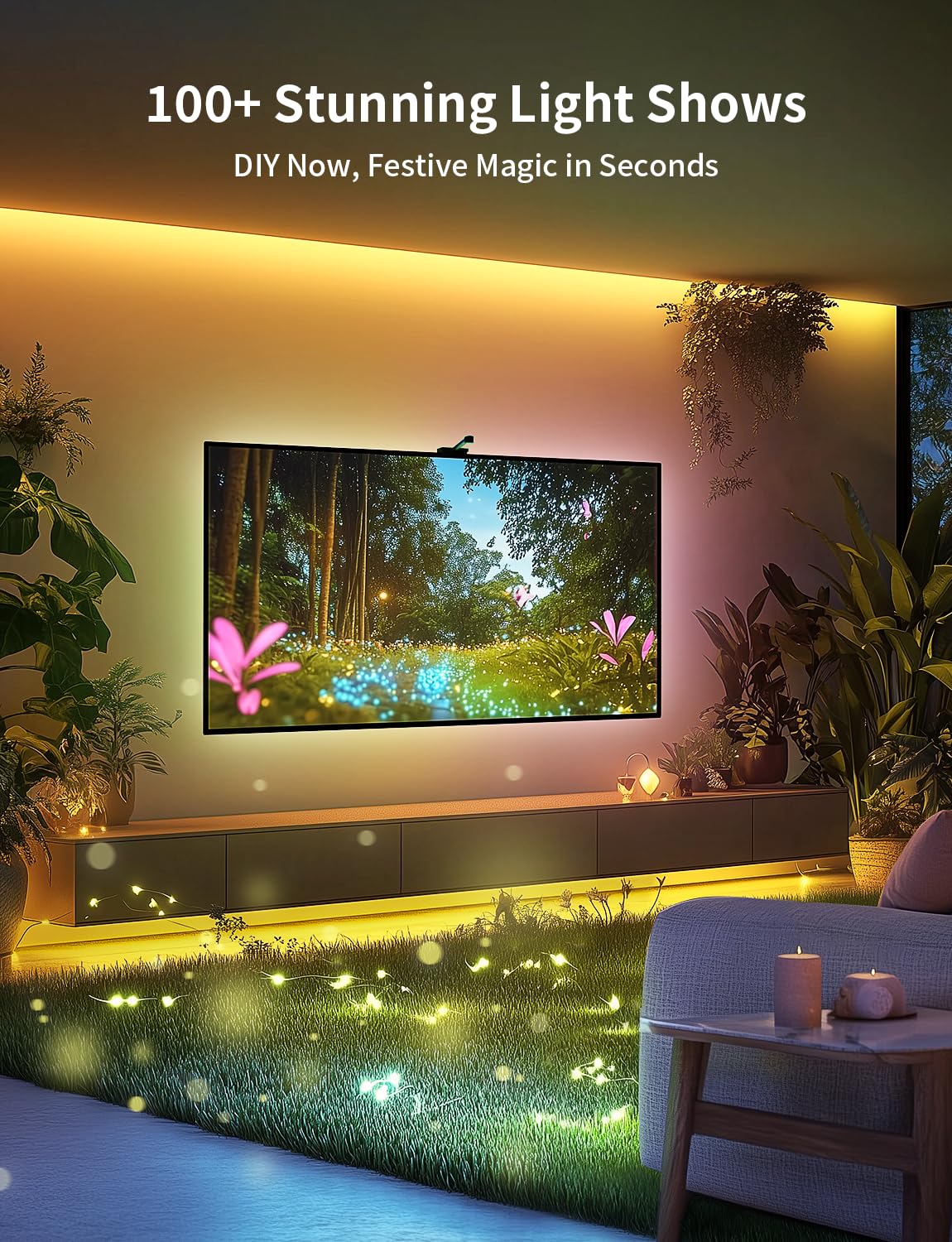 Ailofy LED strip along the TV edges creating ambient mood lighting