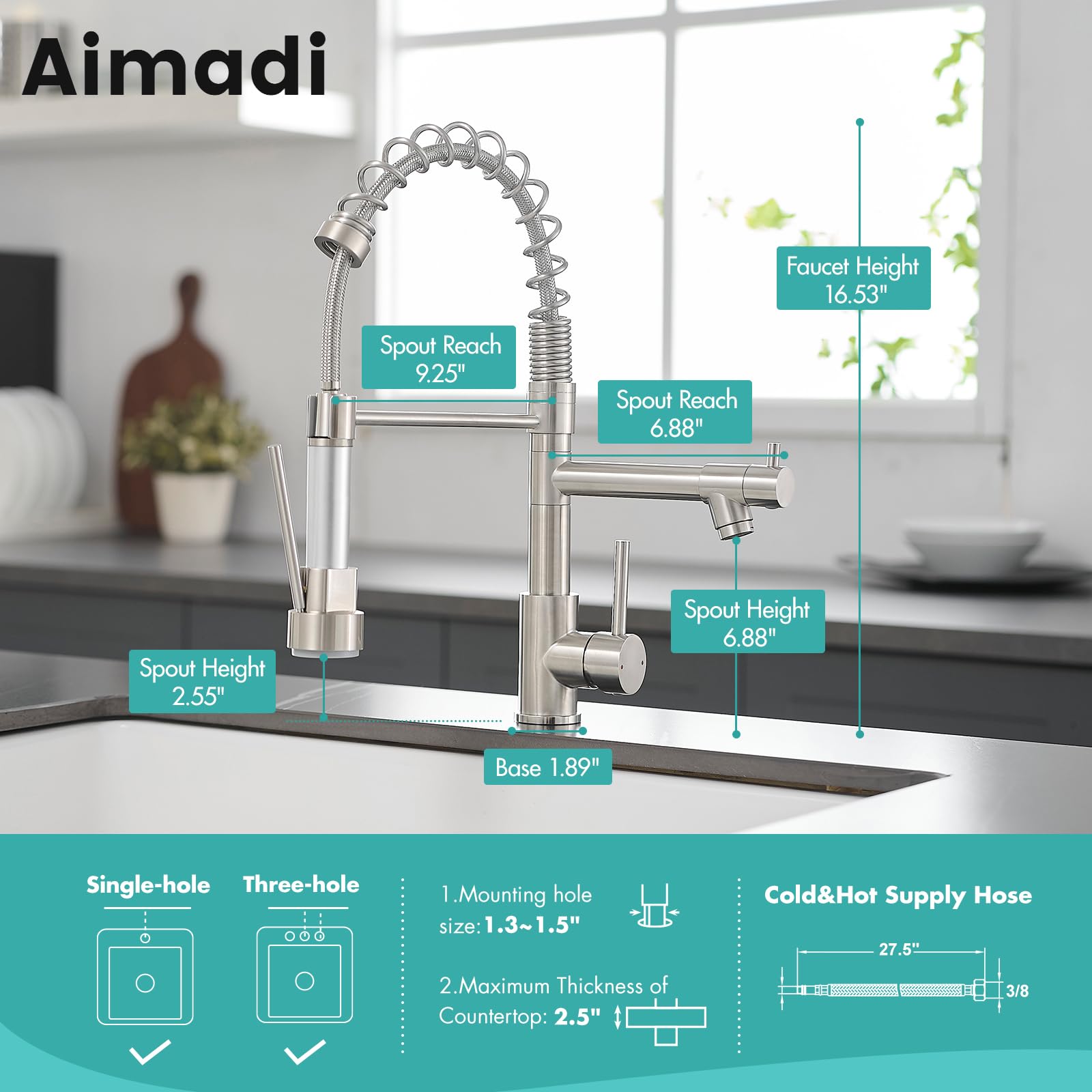 AIMADI faucet with 360-degree spout rotation for full sink reach.