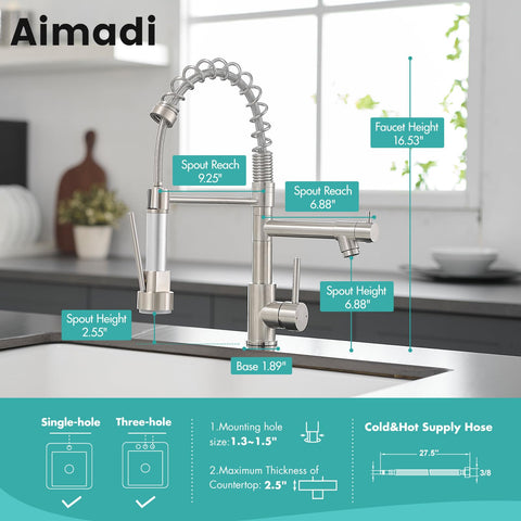 AIMADI faucet with 360-degree spout rotation for full sink reach.