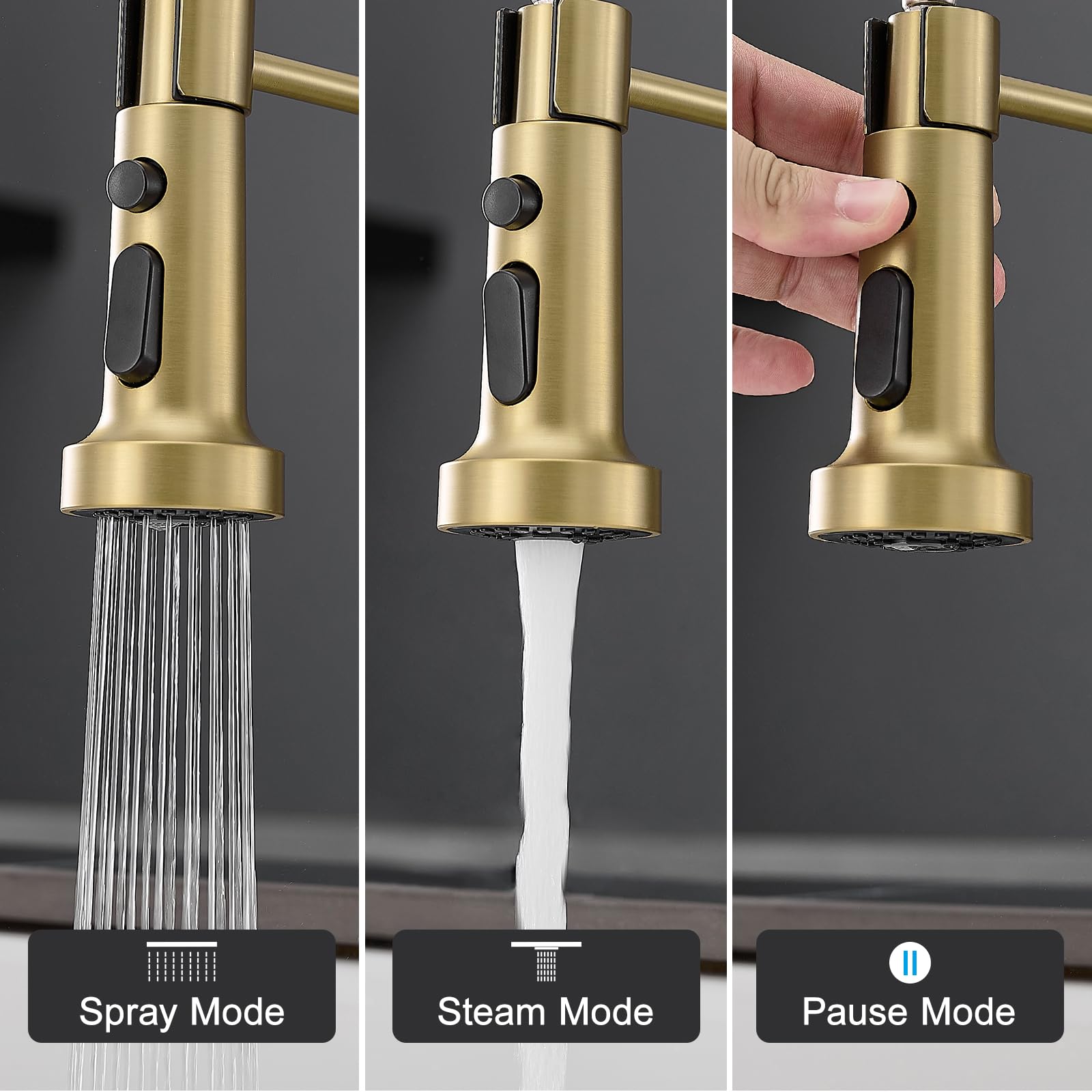 AIMADI brushed gold kitchen faucet with pull-down sprayer for flexible cleaning.