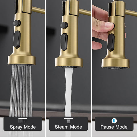 AIMADI brushed gold kitchen faucet with pull-down sprayer for flexible cleaning.