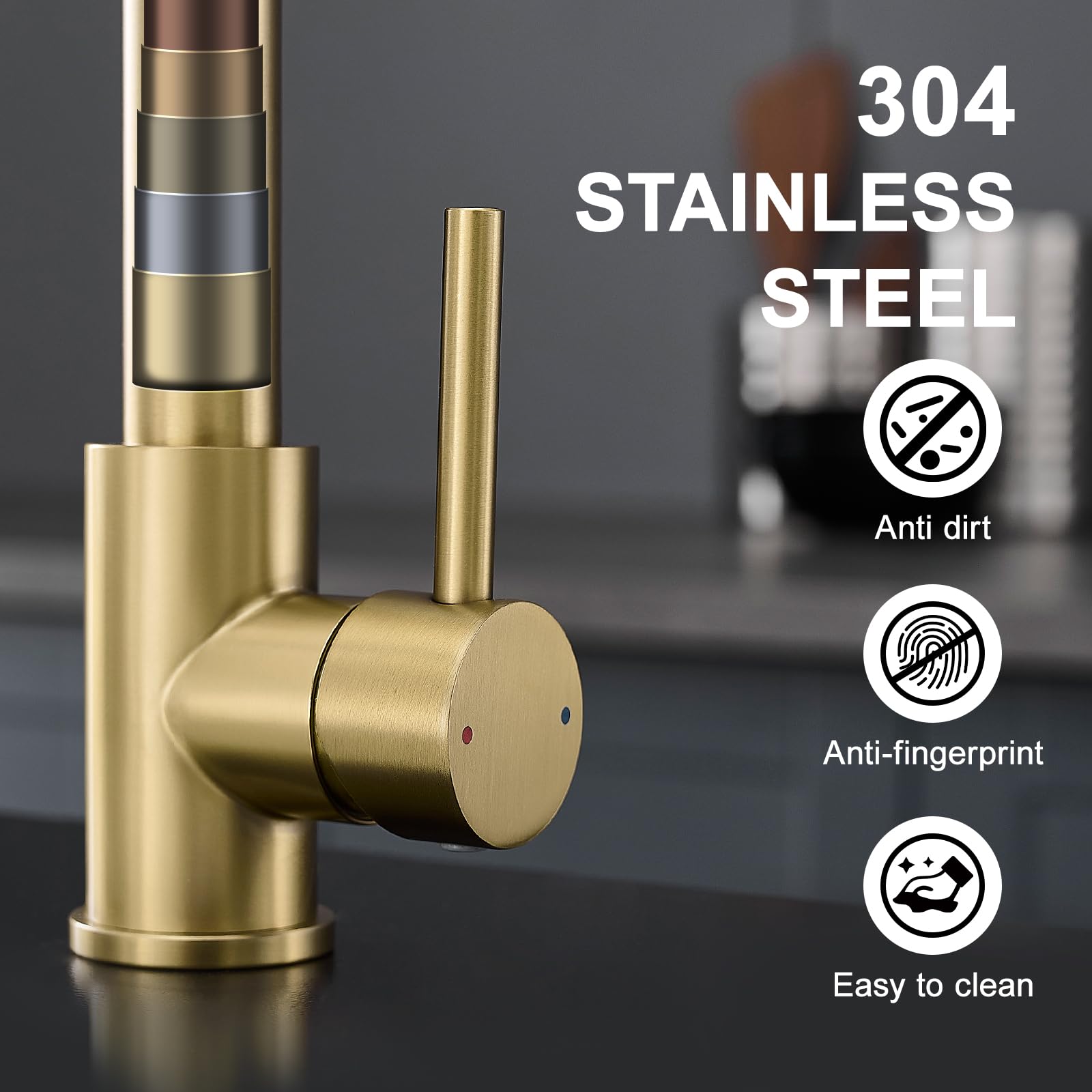 AIMADI brushed gold kitchen faucet with dual-function nozzle for stream and spray.