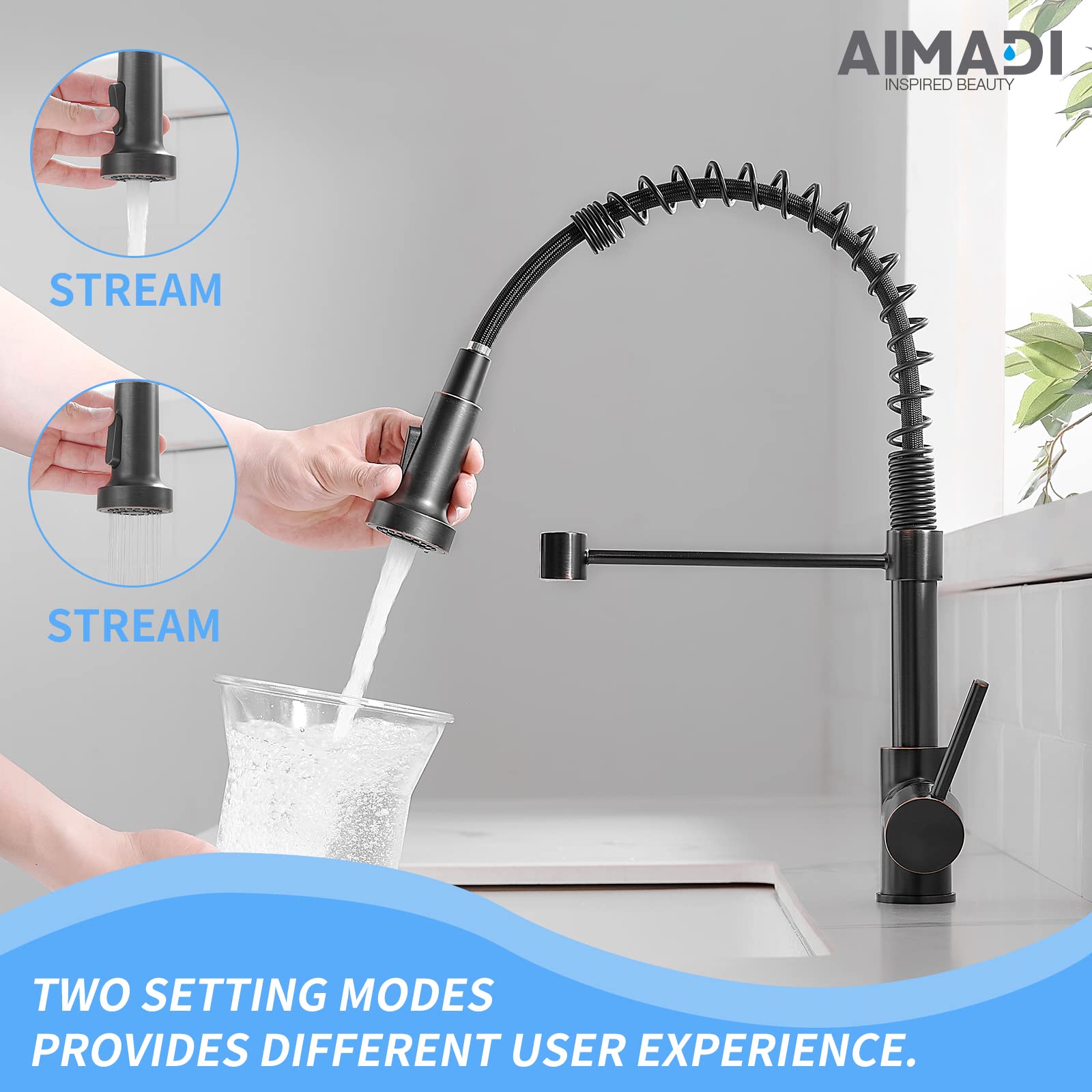 AIMADI pull-down sprayer in bronze offers flexible reach for easy rinsing.
