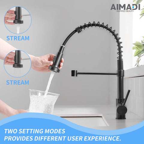 AIMADI pull-down sprayer in bronze offers flexible reach for easy rinsing.
