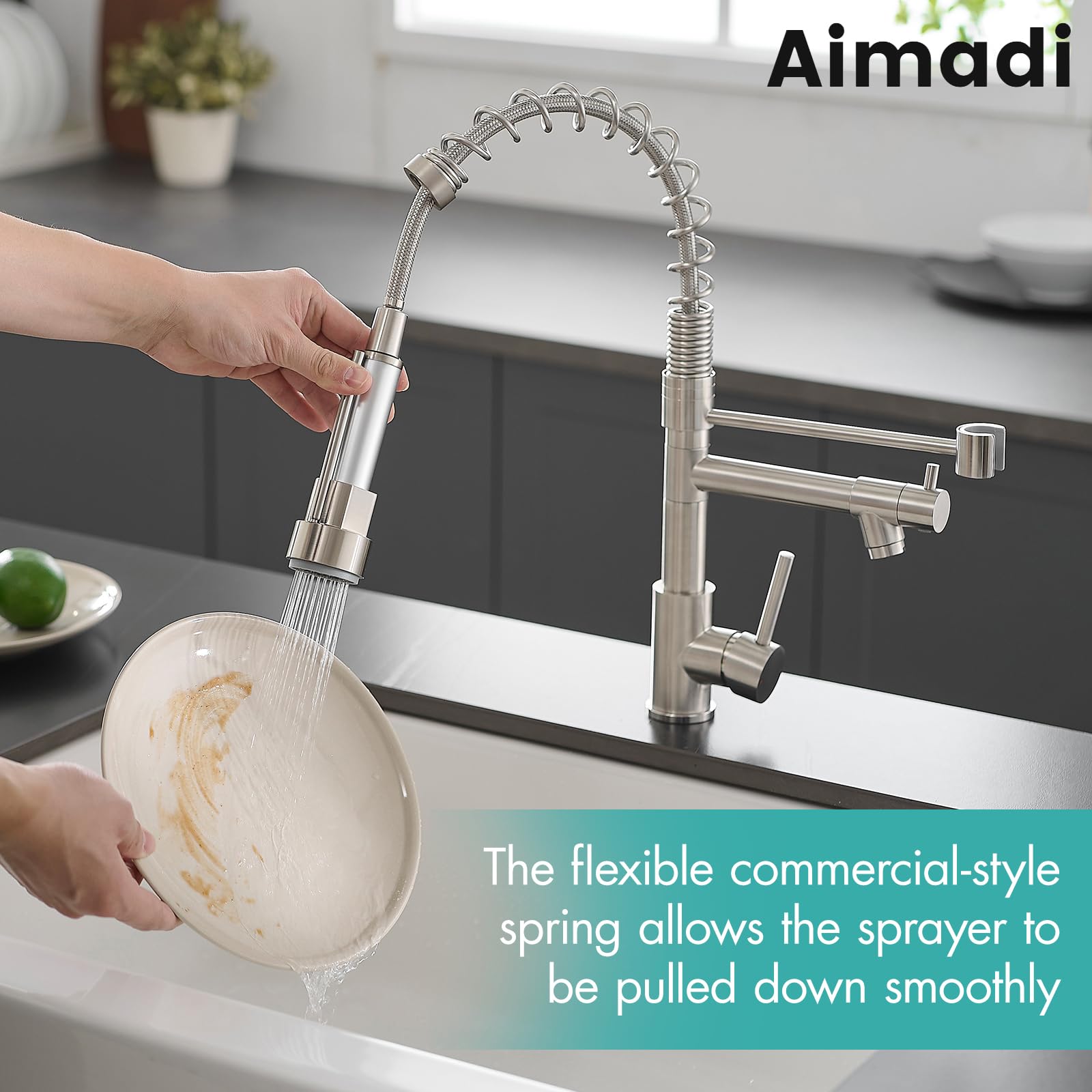 AIMADI pull-down sprayer in action enabling flexible rinsing and pot filling.