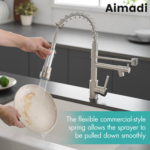 AIMADI pull-down sprayer in action enabling flexible rinsing and pot filling.