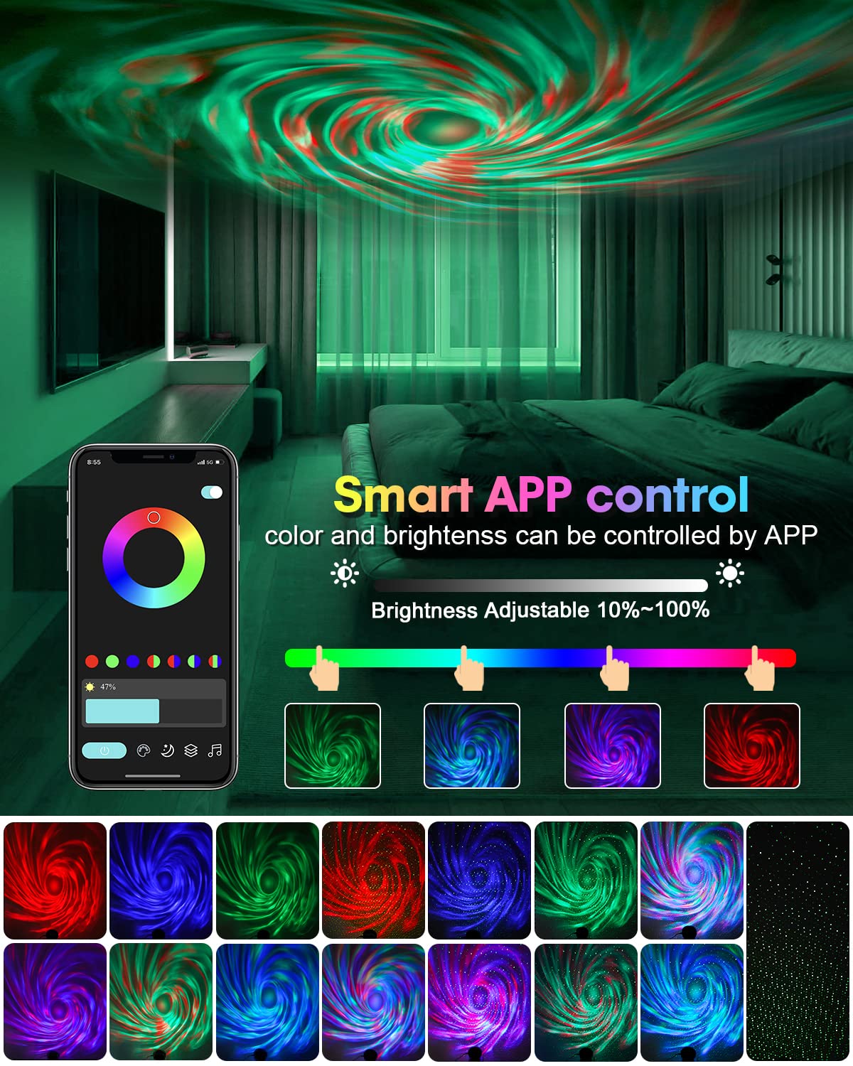 Aimeizi Star Projector Green Stars Vivid Colors enhances mood with bright accents.