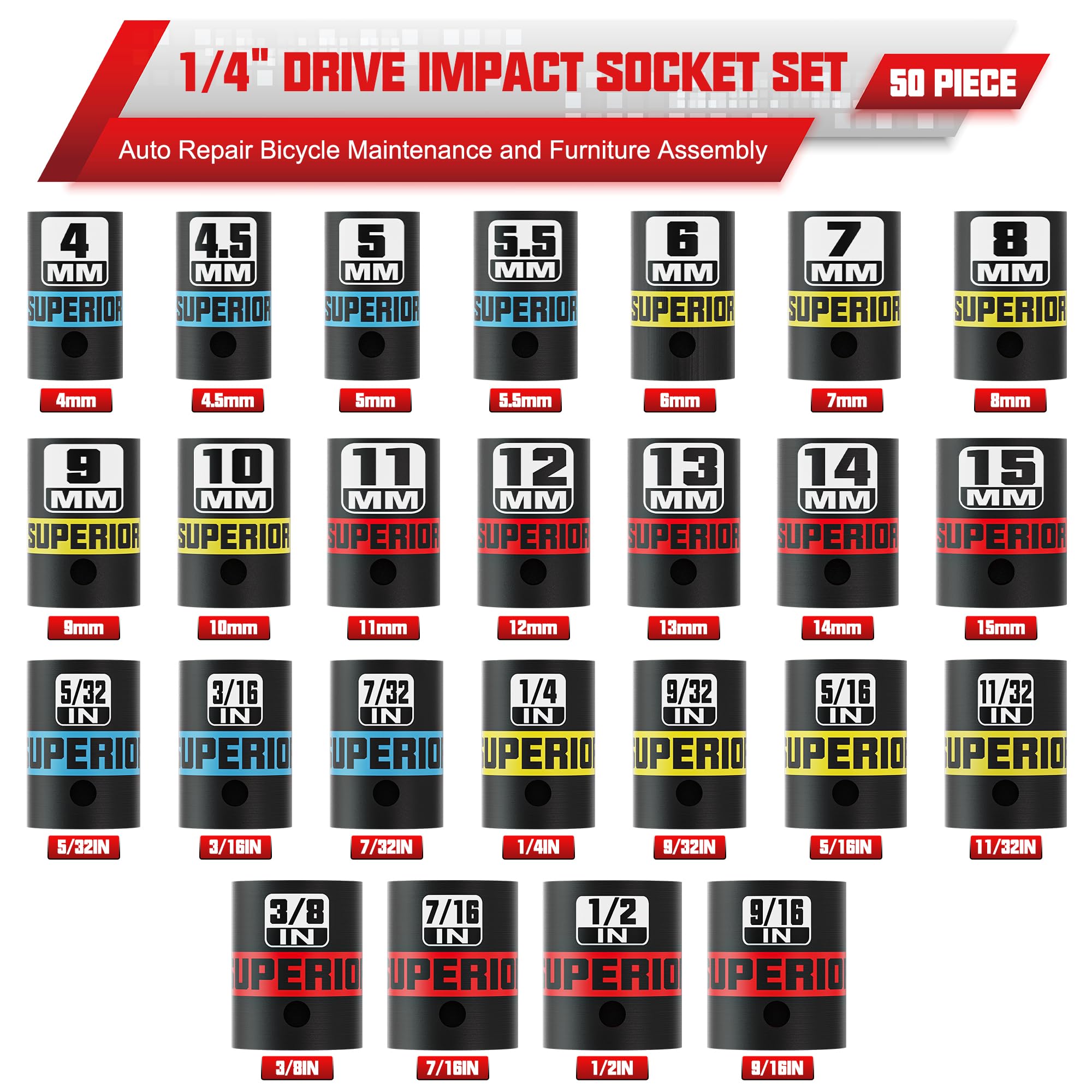 Aiourx sockets feature color-coded markings for quick size identification in dim spaces.