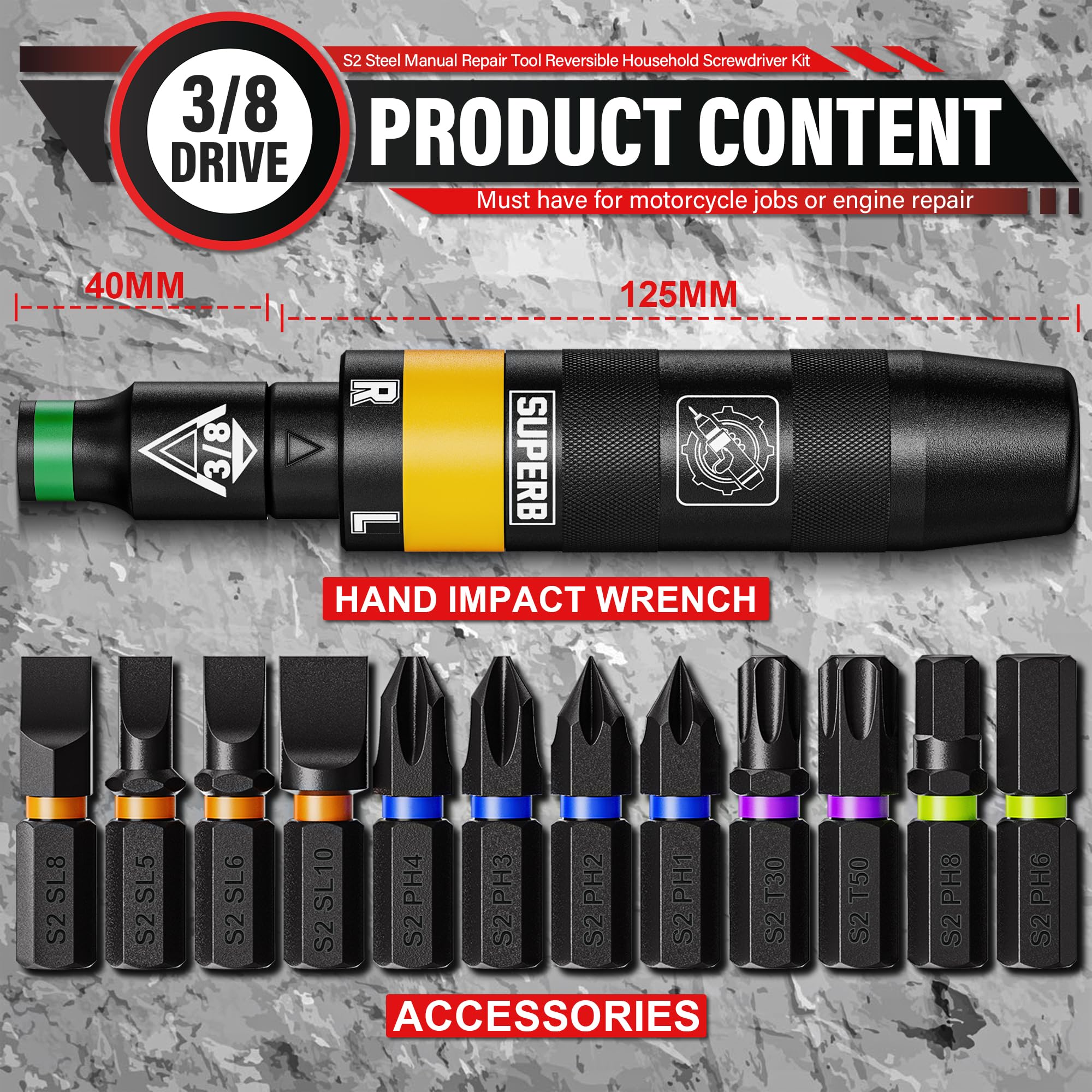 Color-coded S2 steel bits for quick identification and efficient work