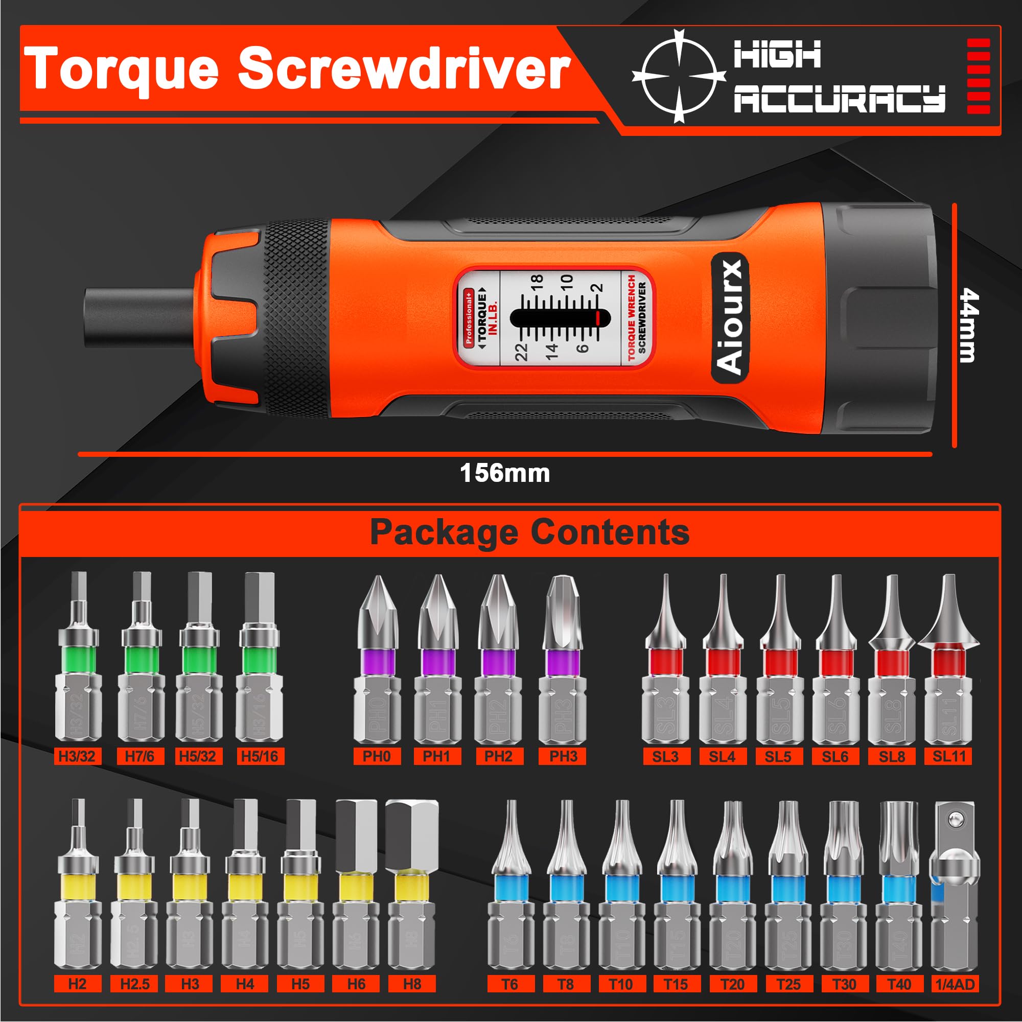 Aiourx torque screwdriver set bits neatly arranged for accurate torque selection.
