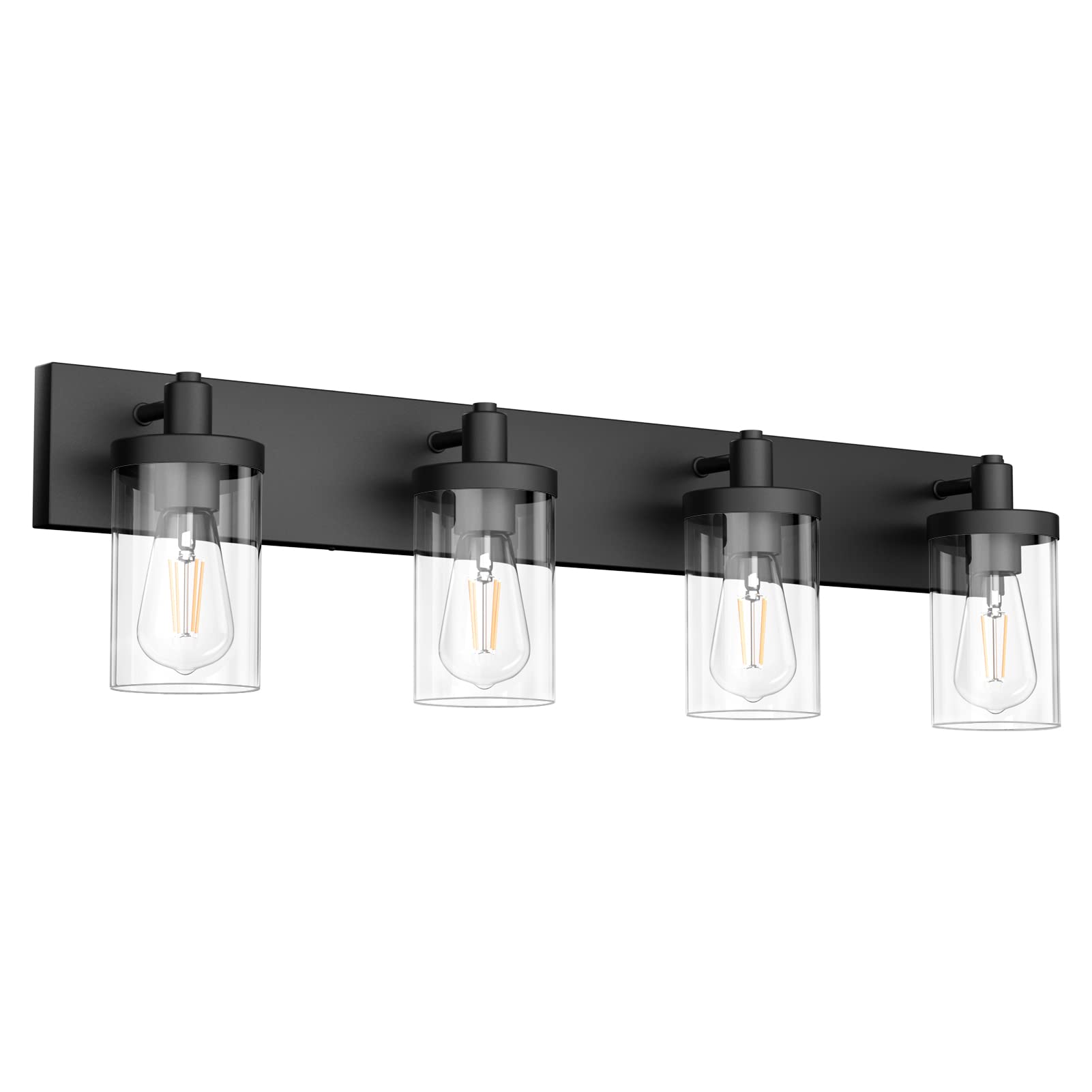 Aipsun 4-light matte black vanity with clear glass shades enhances bathroom task lighting.