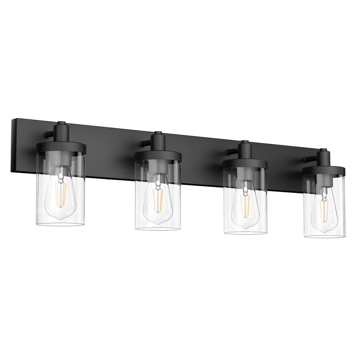Aipsun 4-light matte black vanity with clear glass shades enhances bathroom task lighting.