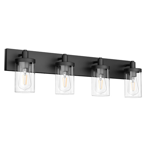 Aipsun 4-light matte black vanity with clear glass shades enhances bathroom task lighting.