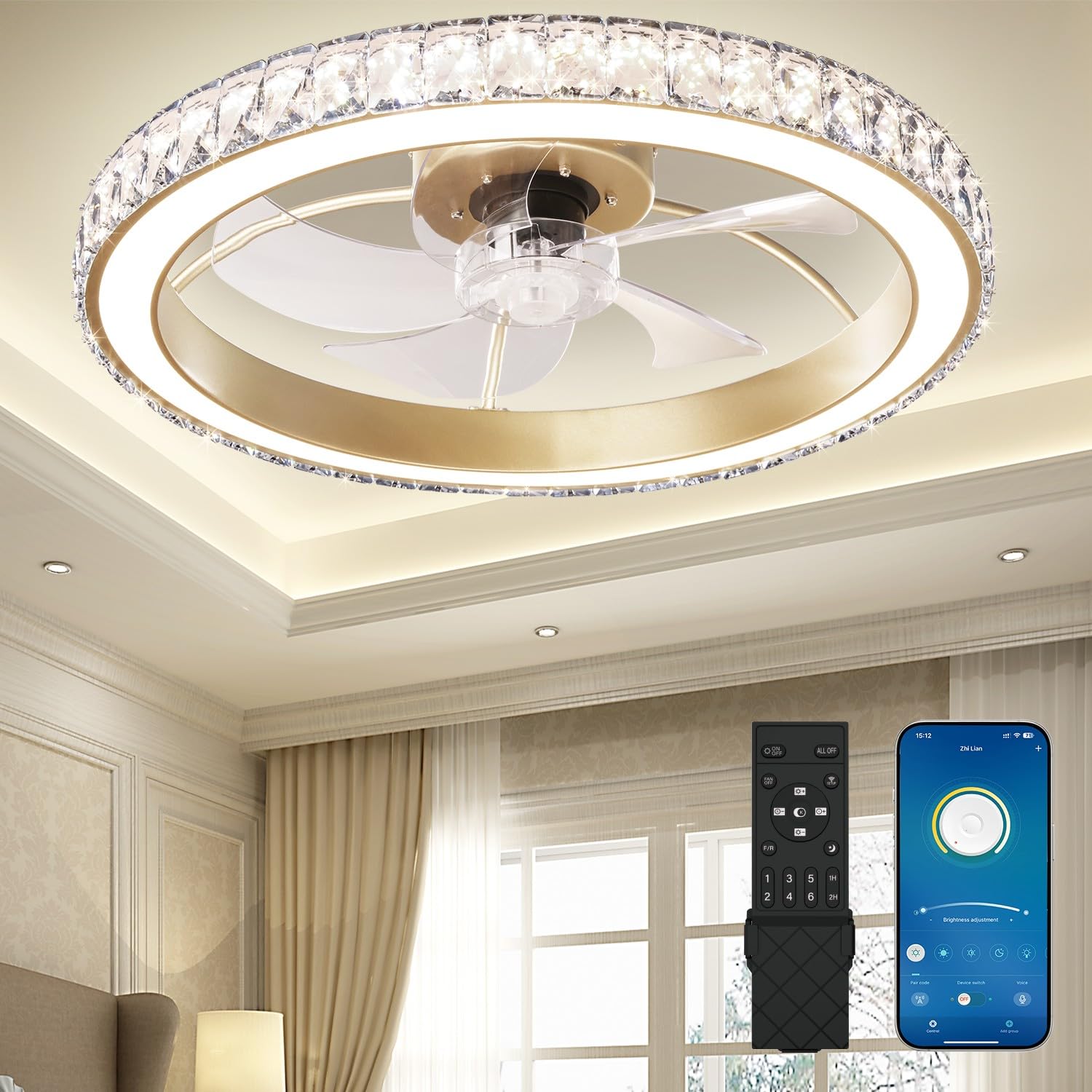 Aipsun low-profile crystal chandelier ceiling fan light adds elegant ambient illumination