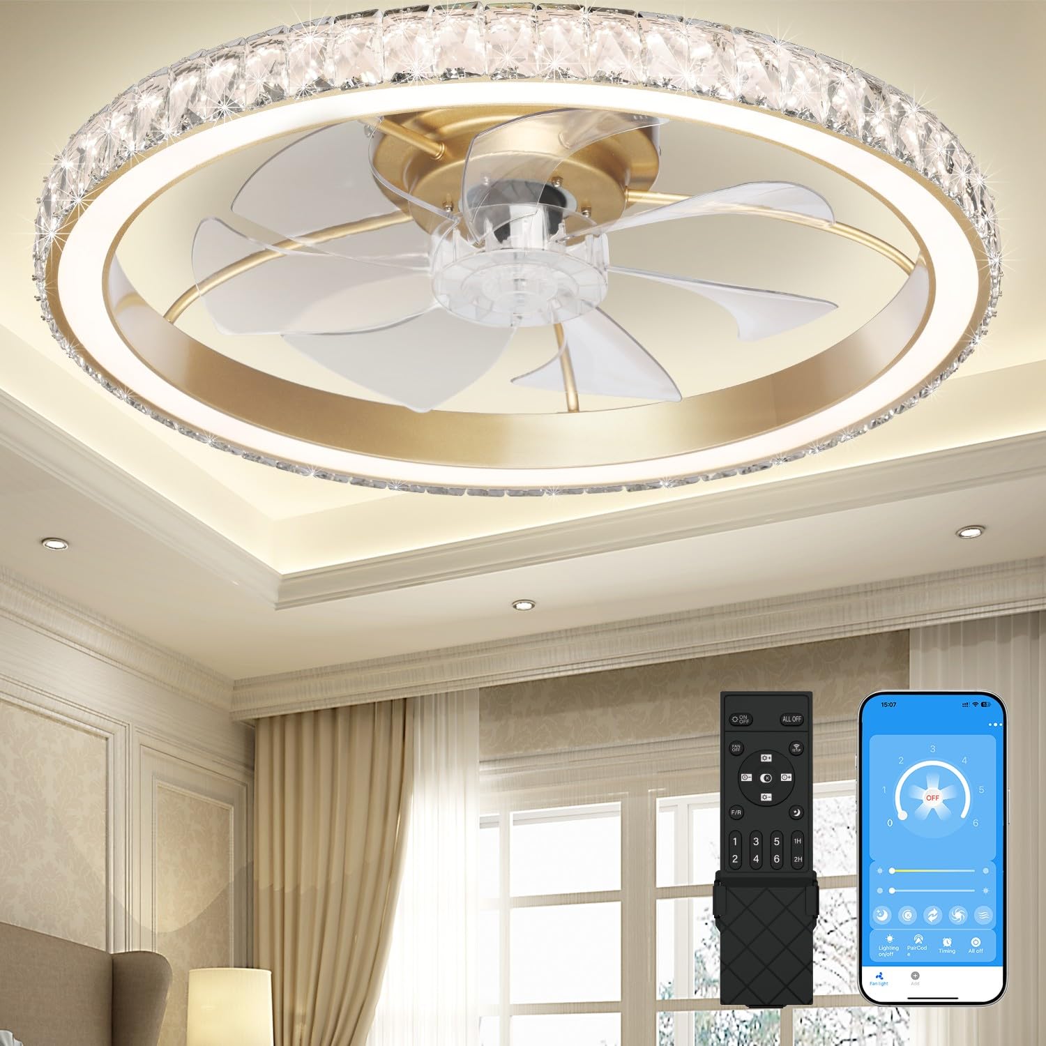 Aipsun low-profile crystal fan light close-up for elegant room ambiance.