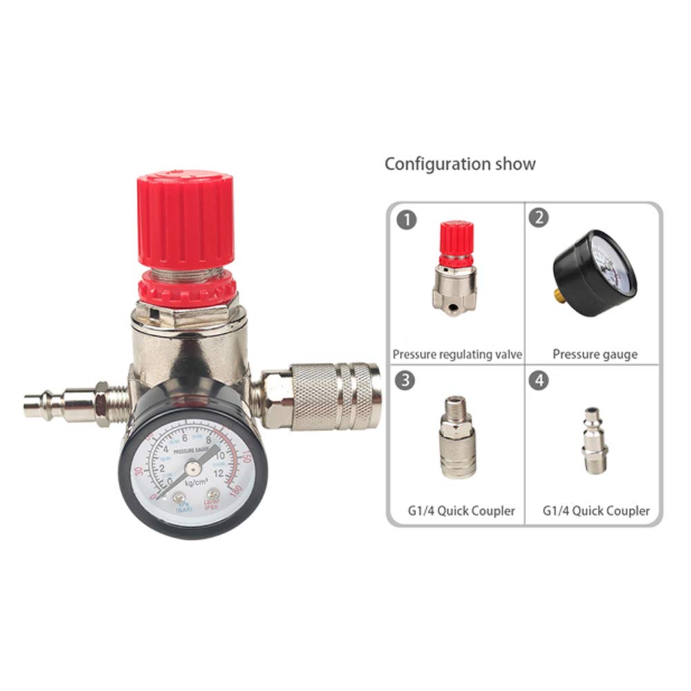 Detail view of air regulator pressure gauge for real-time readings.