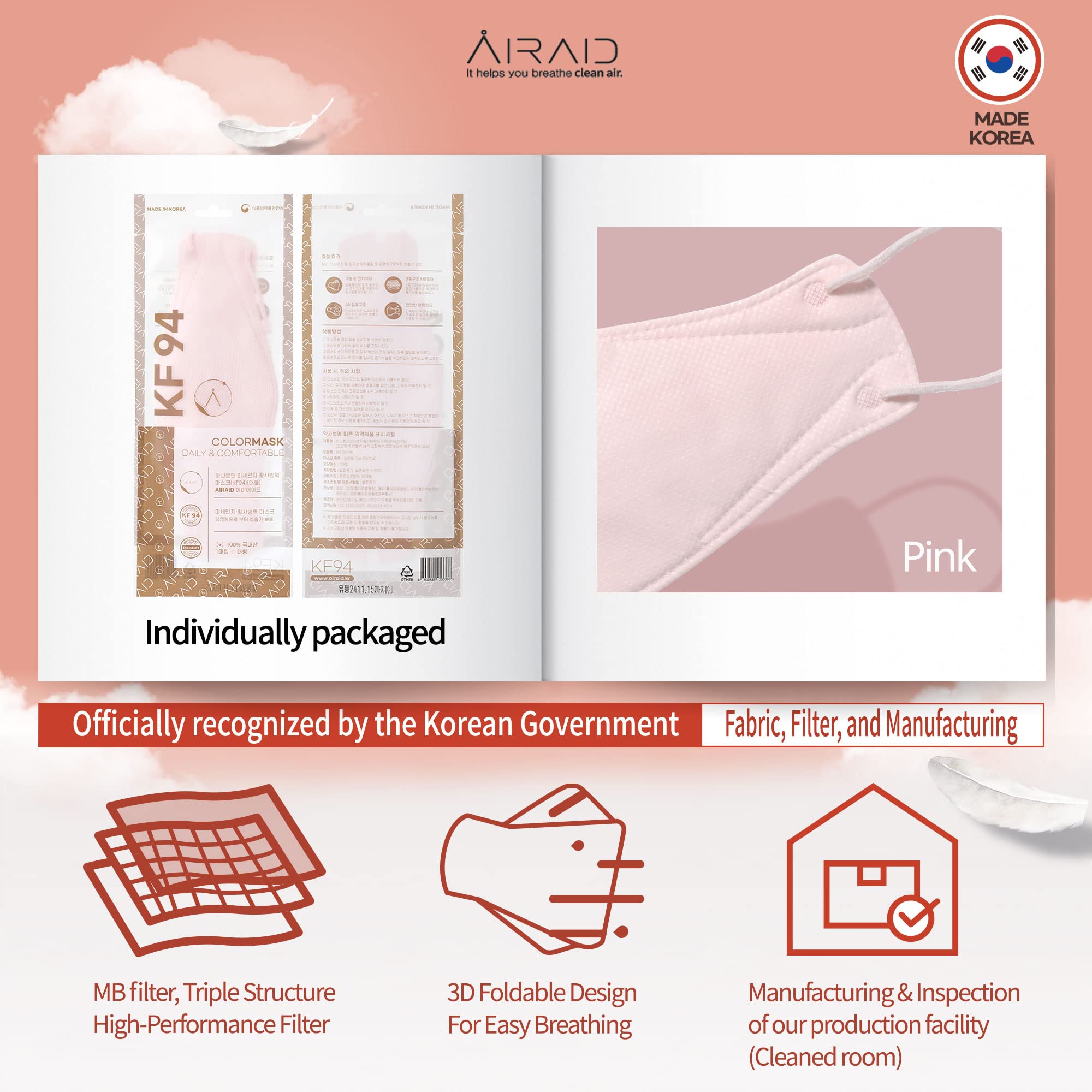 AIRAID KF94 pink mask, individually wrapped for convenient access at car or doorstep.