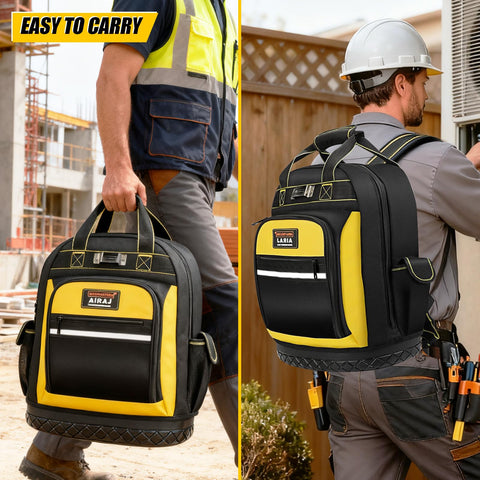 Airaj Pro Tool Backpack padded straps reduce back strain.