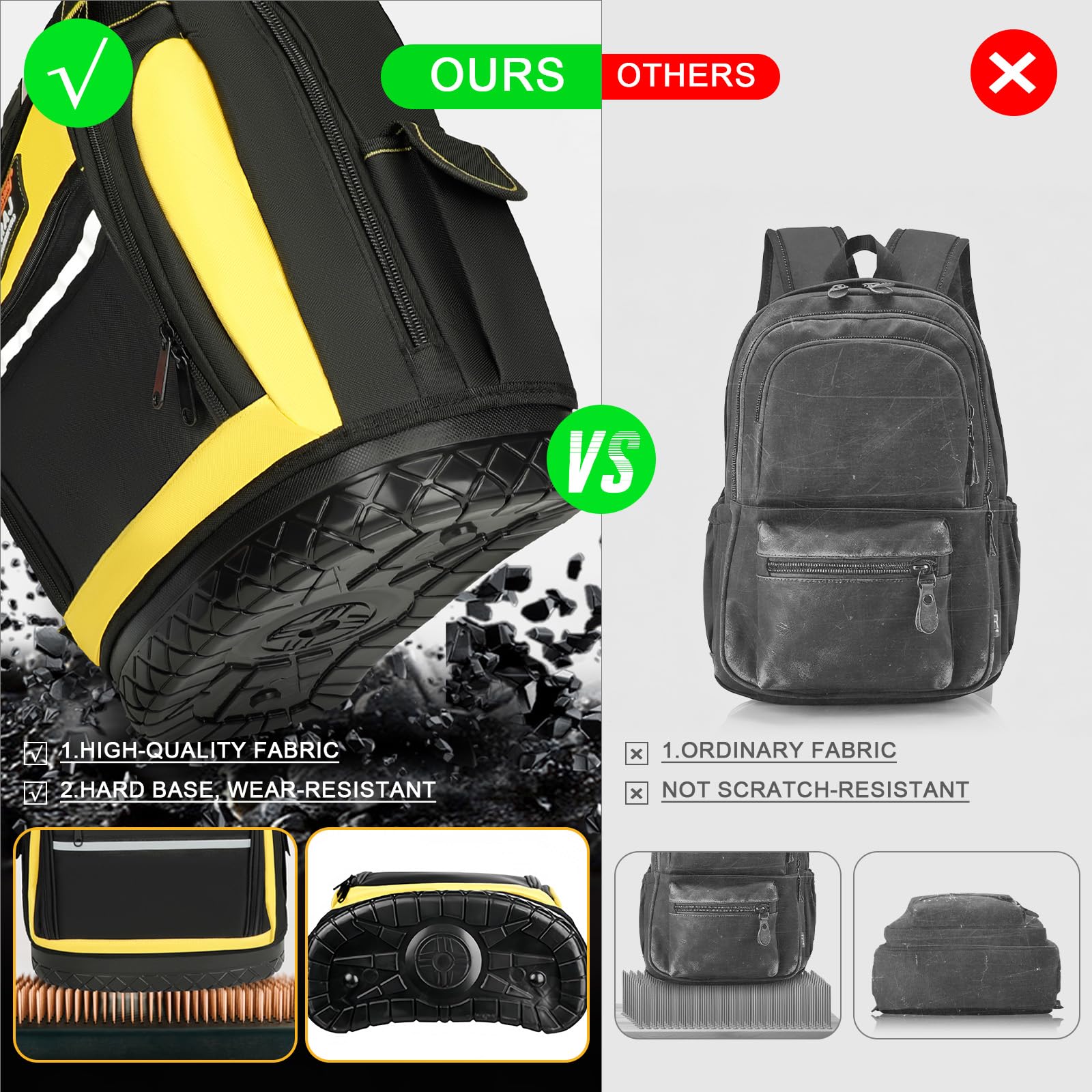 Airaj Pro Tool Backpack PVC-based bottom resists water and stains.