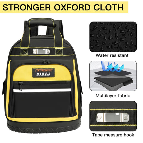 Airaj Pro Tool Backpack reflective strips improve low-light visibility.