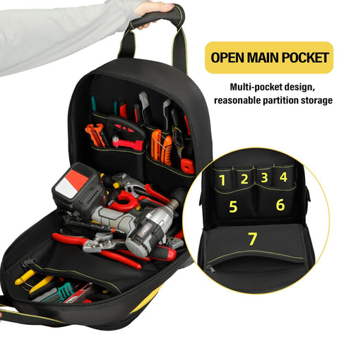 Airaj Pro Tool Backpack waterproof base protects gear on damp sites.