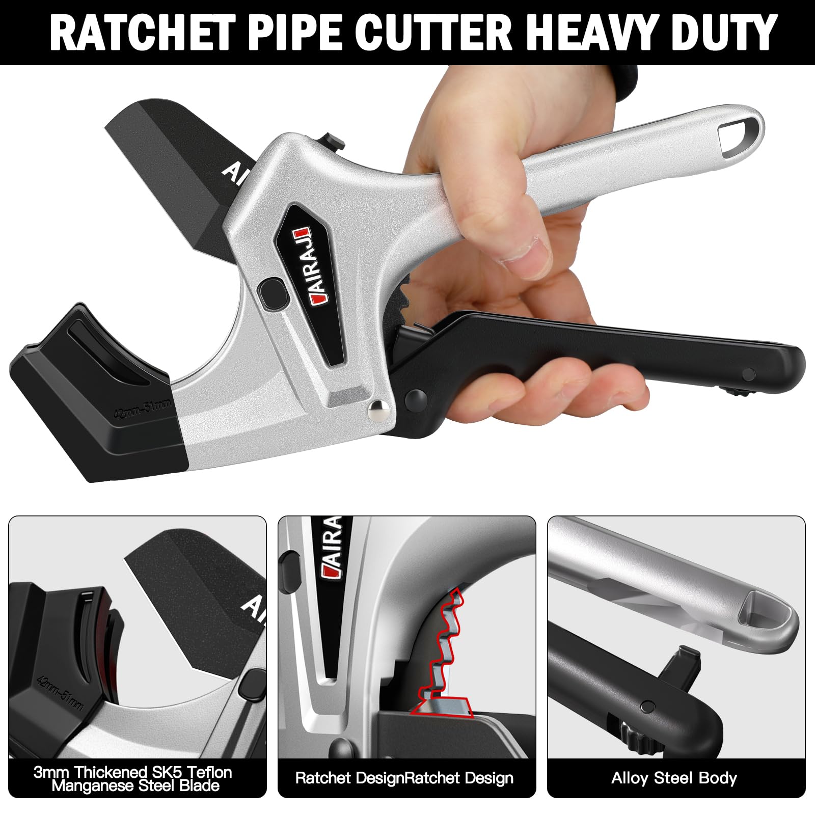 AIRAJ Cutter opened to reveal capacity up to 3 inches for common home pipes.
