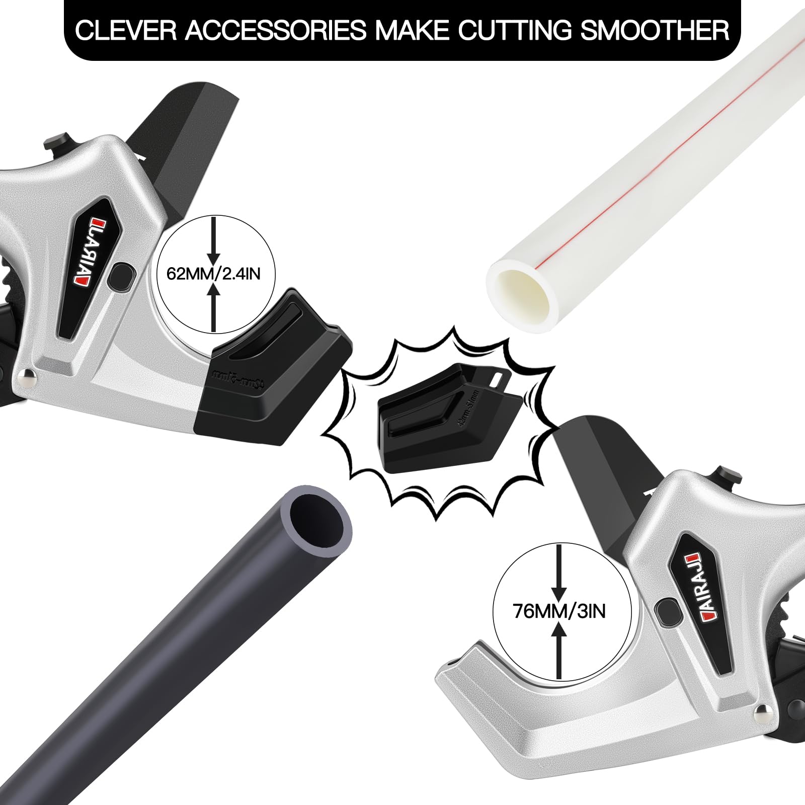 AIRAJ Ratchet PVC Pipe Cutter highlights the rugged aluminum body for long-term use.