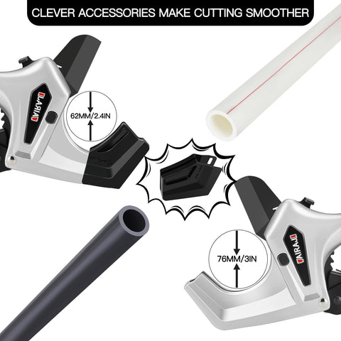 AIRAJ Ratchet PVC Pipe Cutter highlights the rugged aluminum body for long-term use.