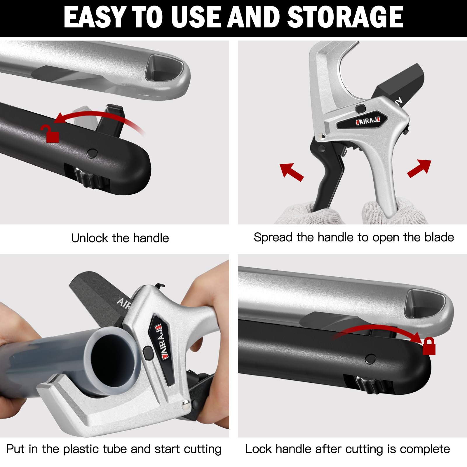 AIRAJ Ratchet Cutter with versatile pipe compatibility across PVC, CPVC, PP, PEX, and PE.