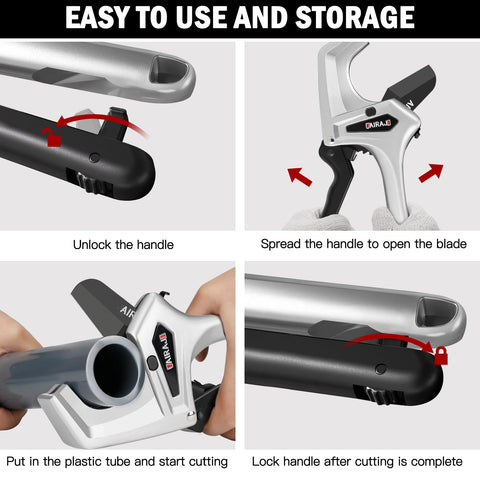 AIRAJ Ratchet Cutter with versatile pipe compatibility across PVC, CPVC, PP, PEX, and PE.