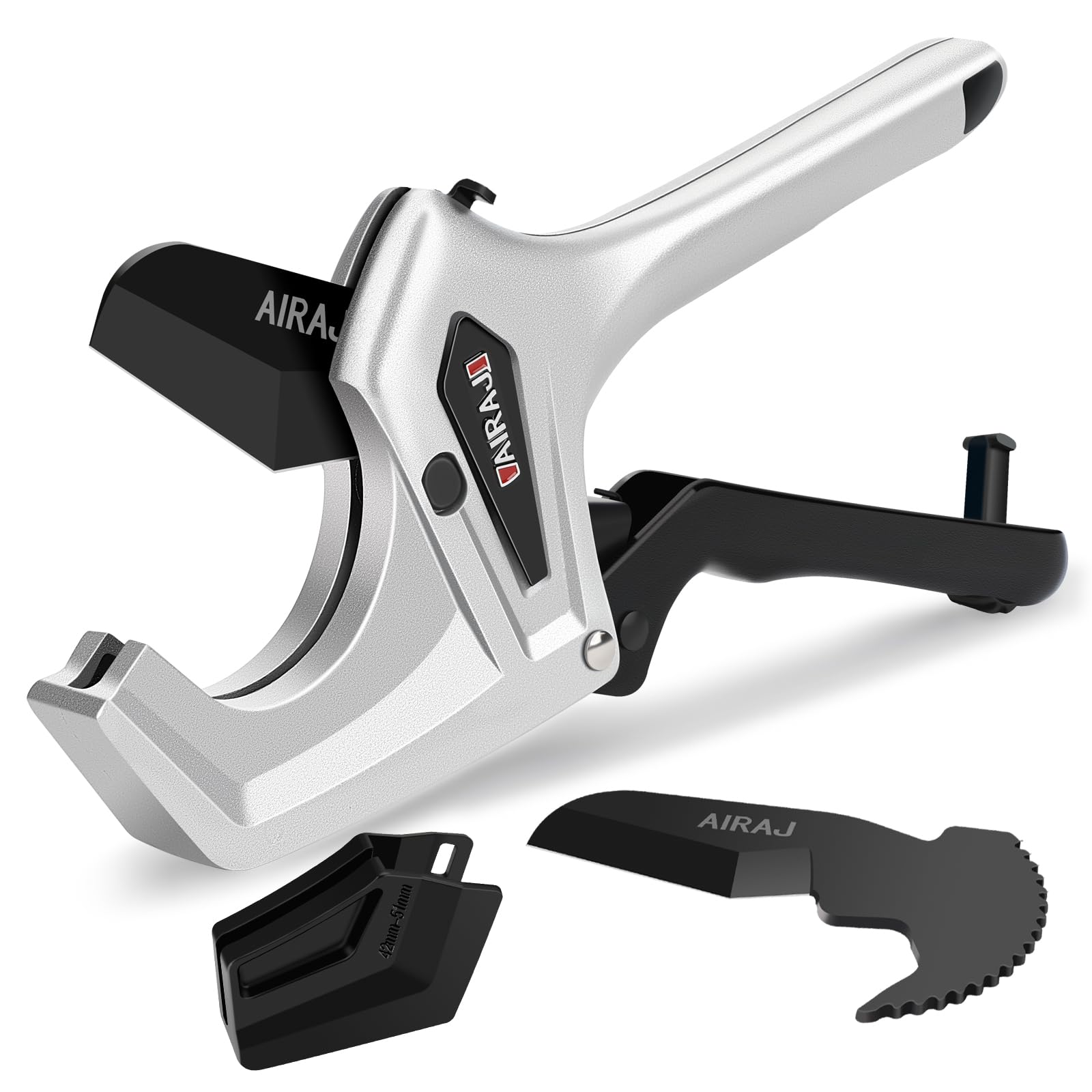 AIRAJ Ratchet PVC Pipe Cutter front view shows durable aluminum body and solid grip for tough jobs.