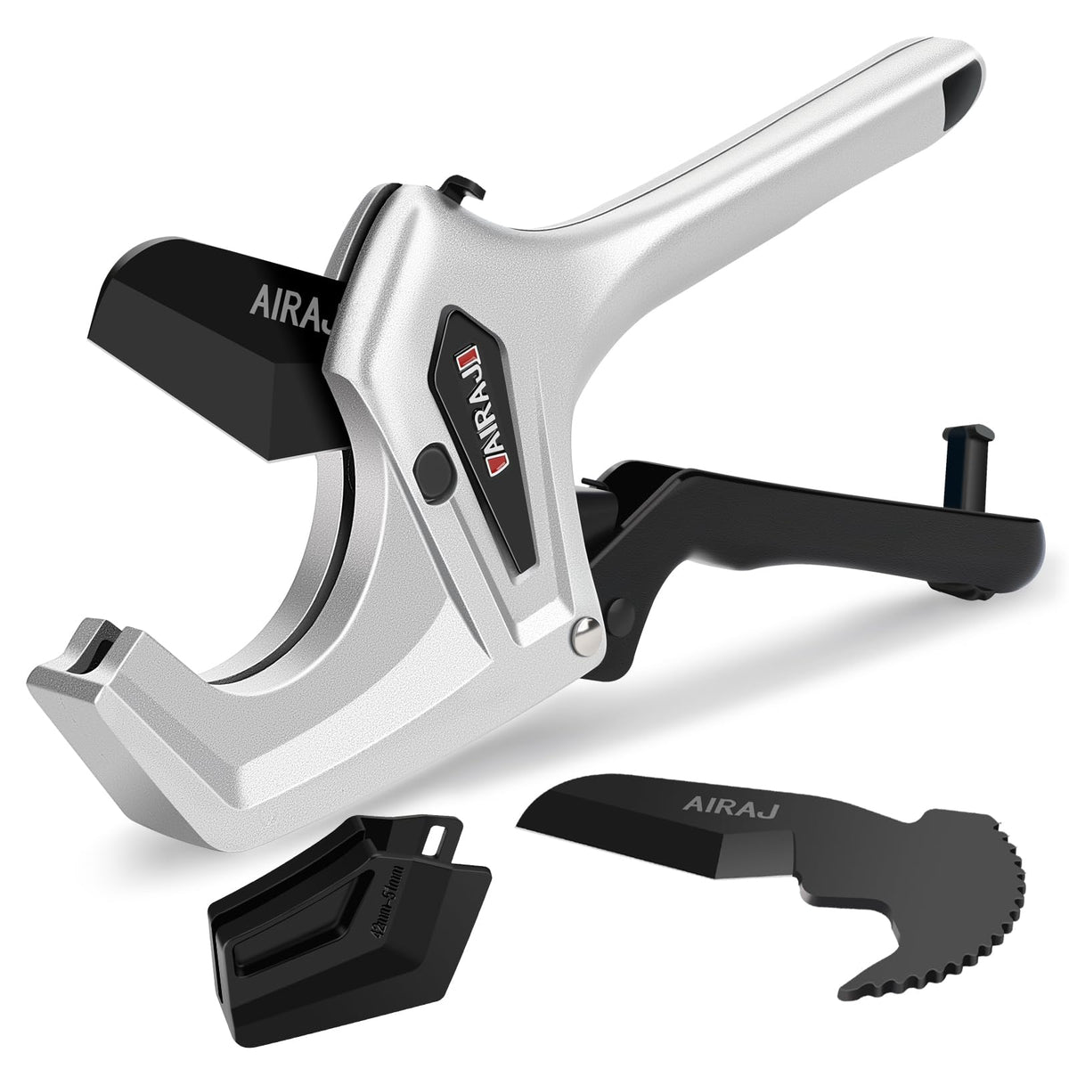 AIRAJ Ratchet PVC Pipe Cutter front view shows durable aluminum body and solid grip for tough jobs.