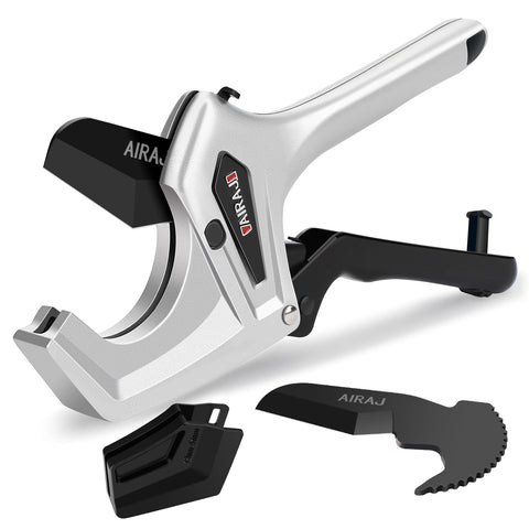 AIRAJ Ratchet PVC Pipe Cutter front view shows durable aluminum body and solid grip for tough jobs.