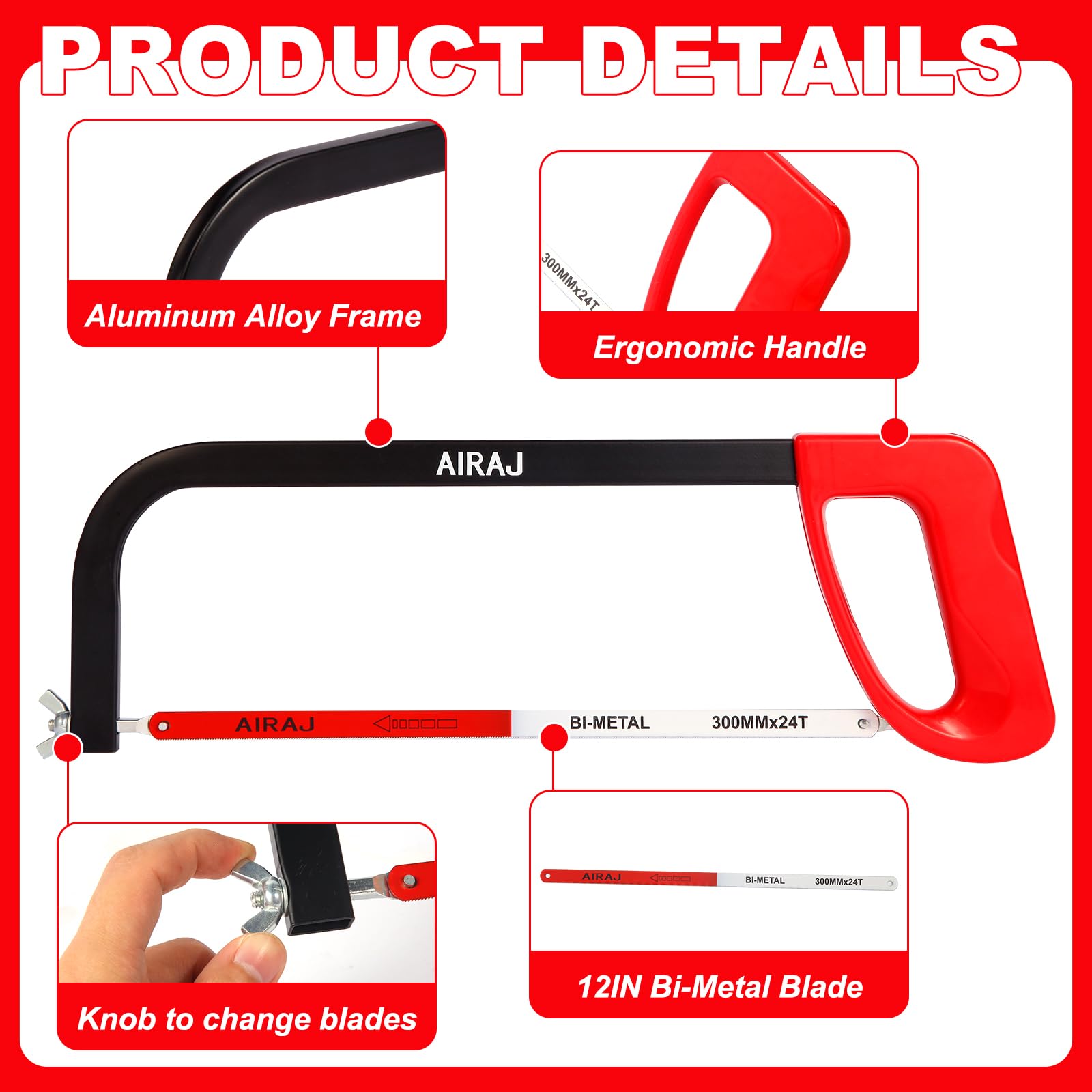 AIRAJ hacksaw frame built from sturdy steel for durability.